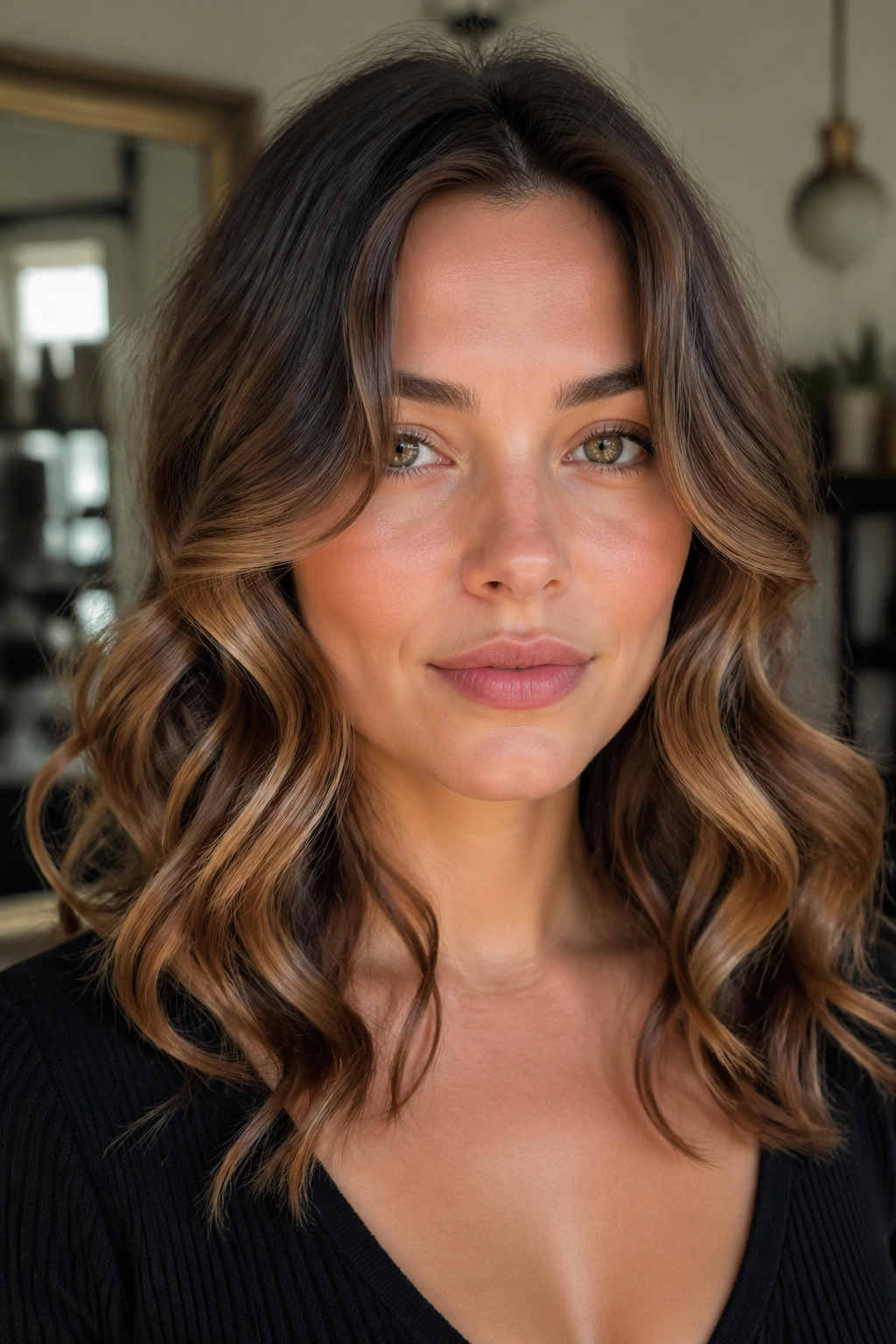 Close-up portrait of a real woman with cheekbone-hugging S-waves
