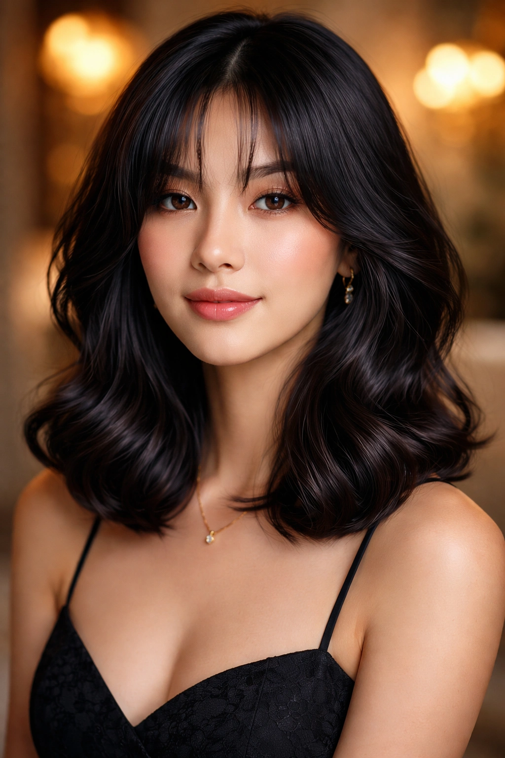 Close-up of a woman with romantic S-waves and chin-length framing.