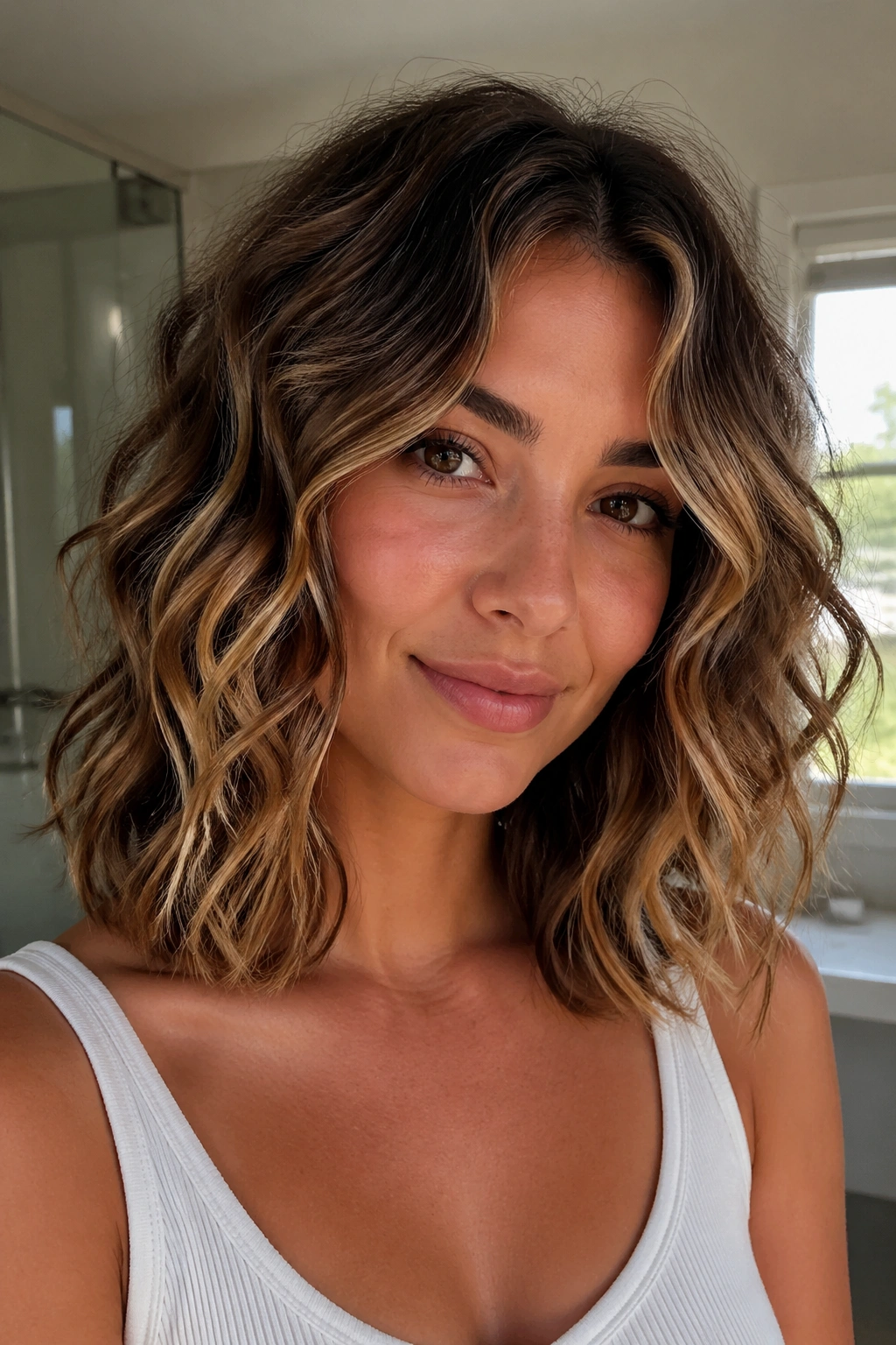 Real woman with defined S-waves using mousse on shoulder-length hair