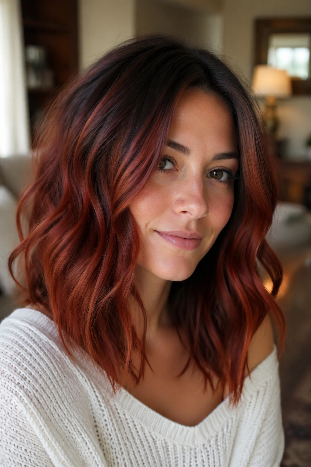 Close-up of sable-red waves with dark roots on a real person