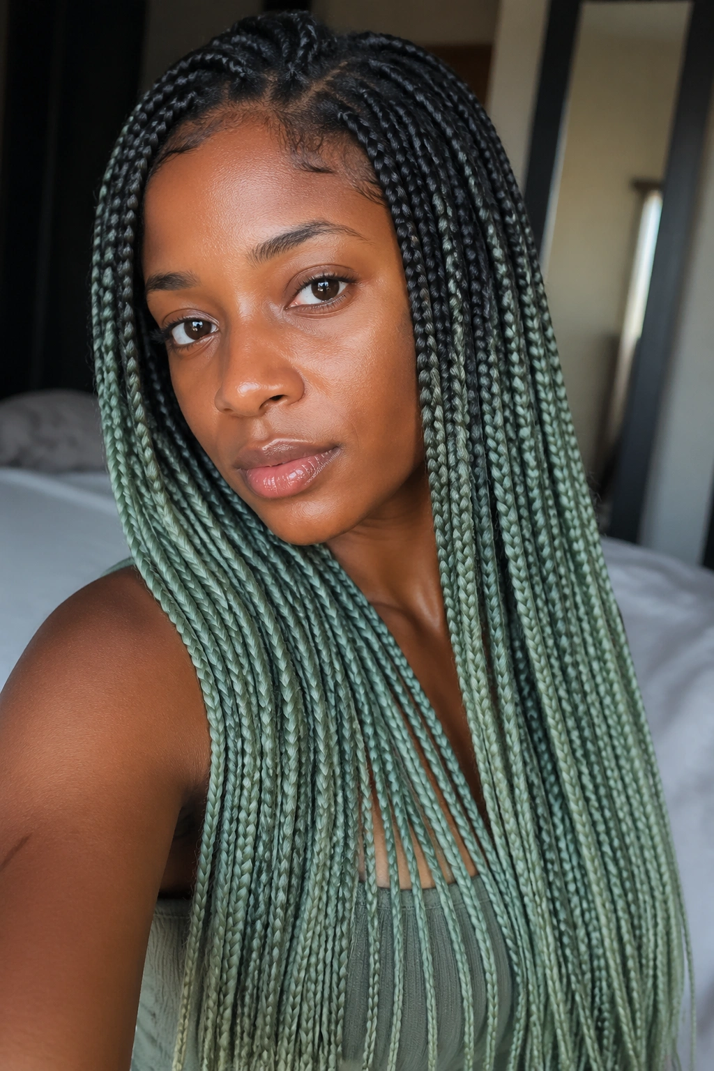 Close-up portrait of a real woman wearing smoke-rooted sage ombré box braids with dark roots fading to sage