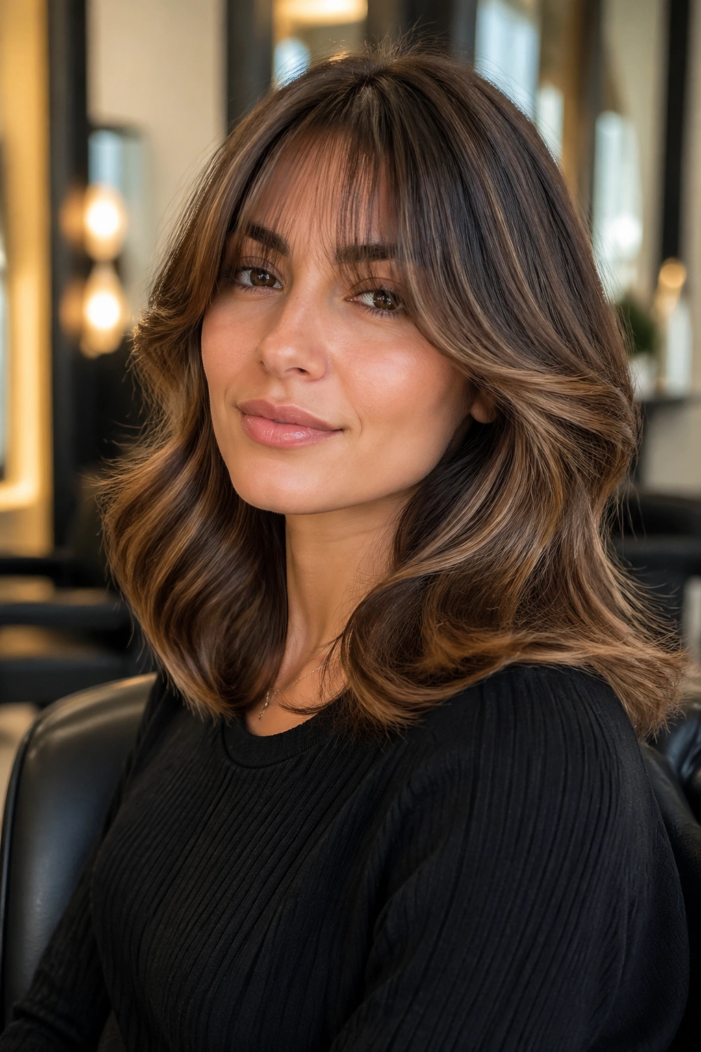 Close-up portrait of a real woman with salon blowout waves and wispy curtain bangs in warm salon lighting