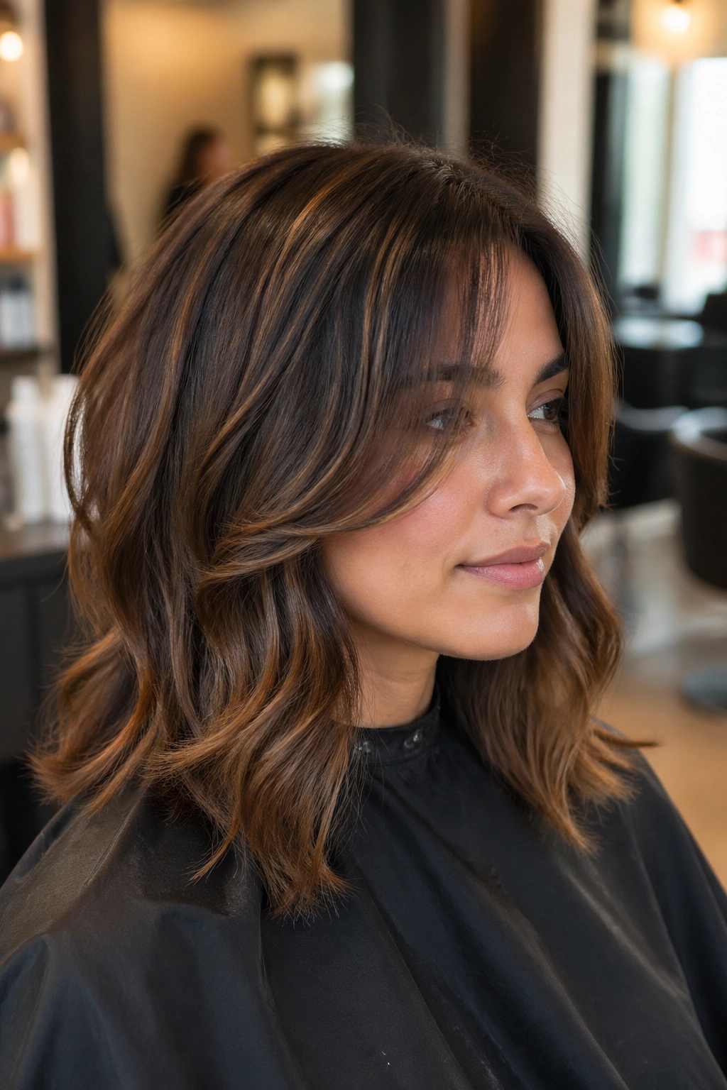 Real woman in salon chair with precise cheekbone-length layers and curtain fringe