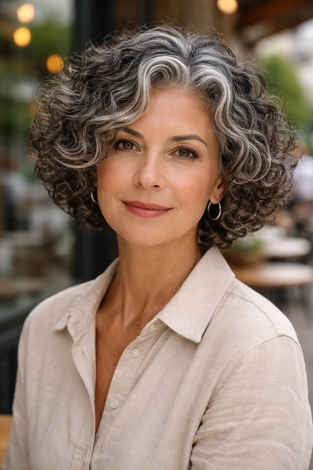 Portrait of a woman with salt-and-pepper curly bob