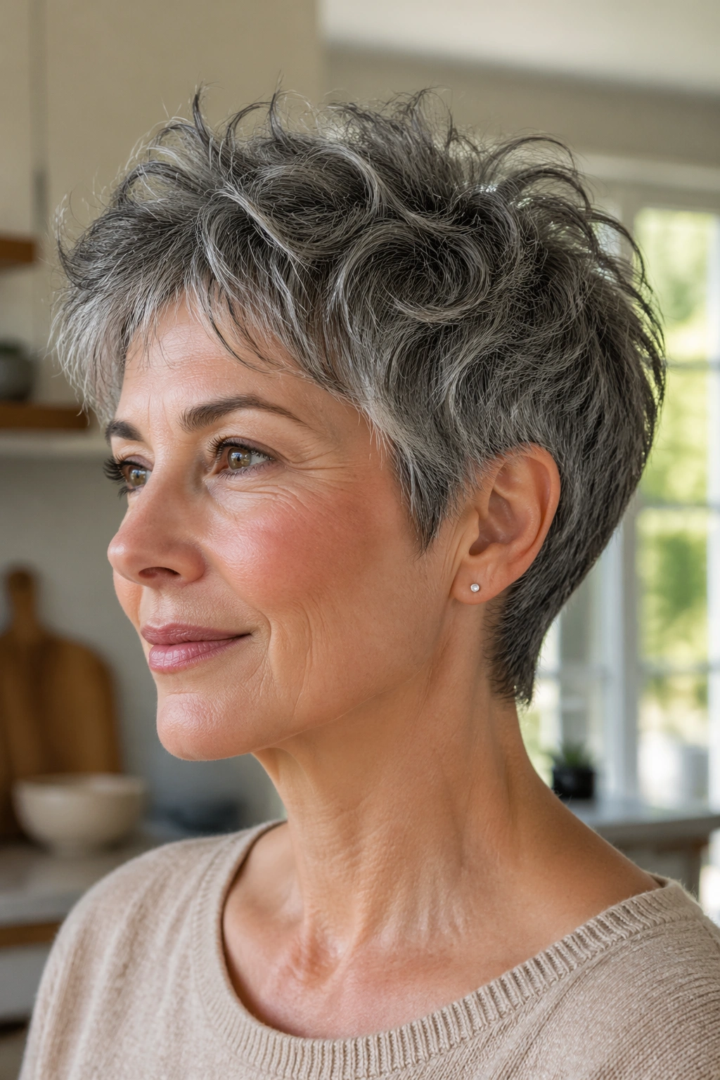 Real woman with salt-and-pepper textured pixie and airy ends