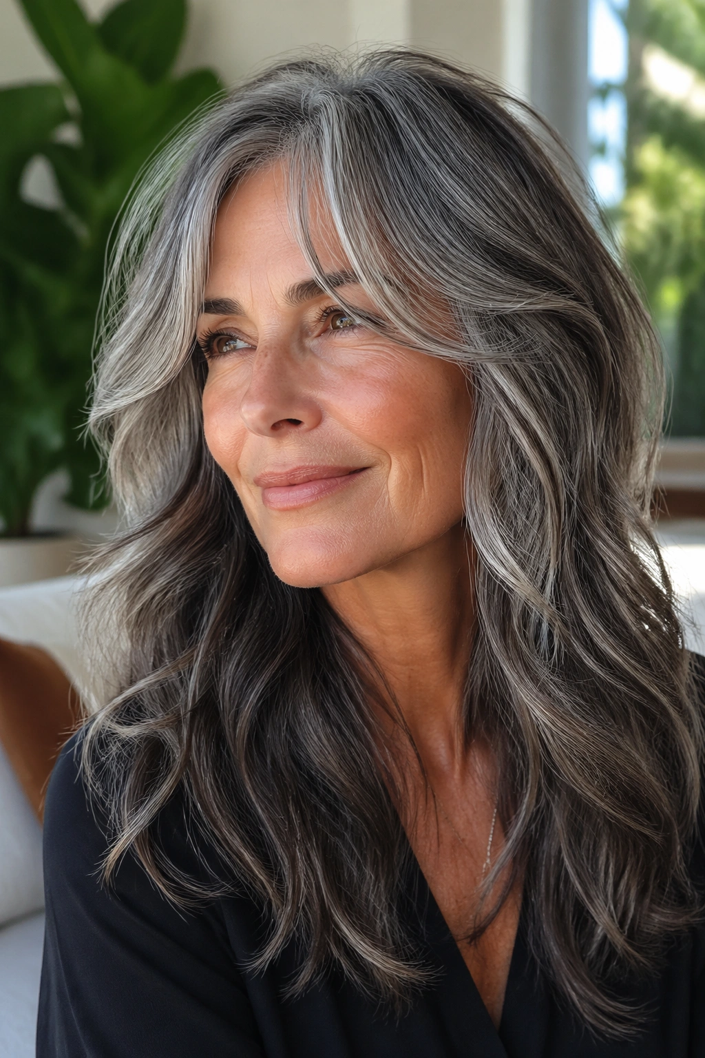 Close-up portrait of a real woman with salt-and-pepper waves and wispy layers