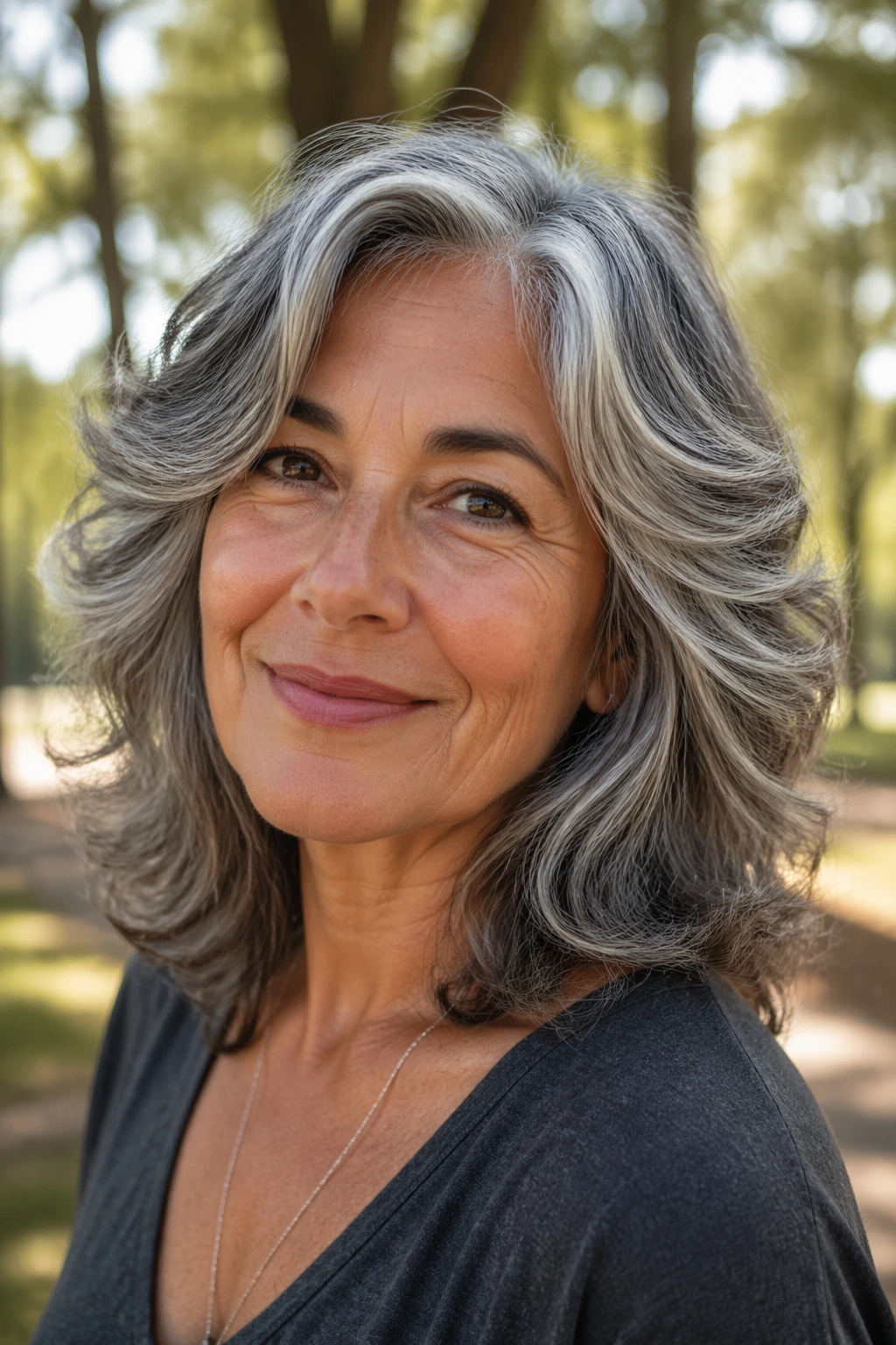 Portrait of an older woman with salt-and-pepper feathered waves.