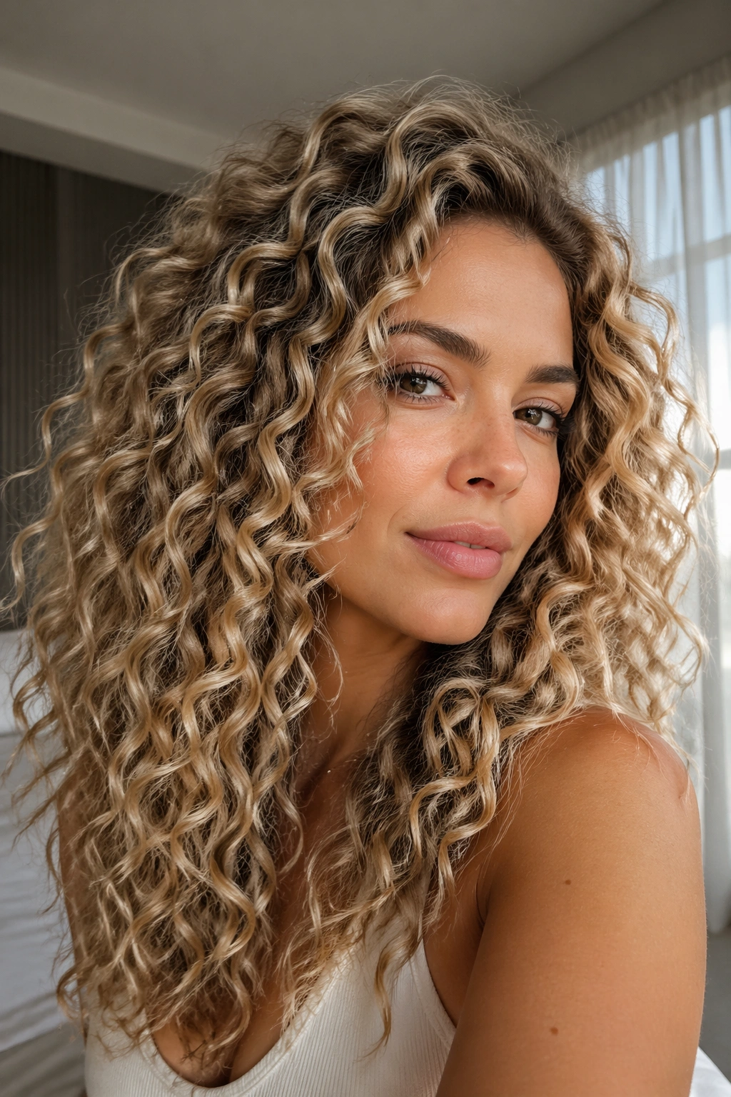 Close-up of sandy beige blonde curly hair with soft shadow roots