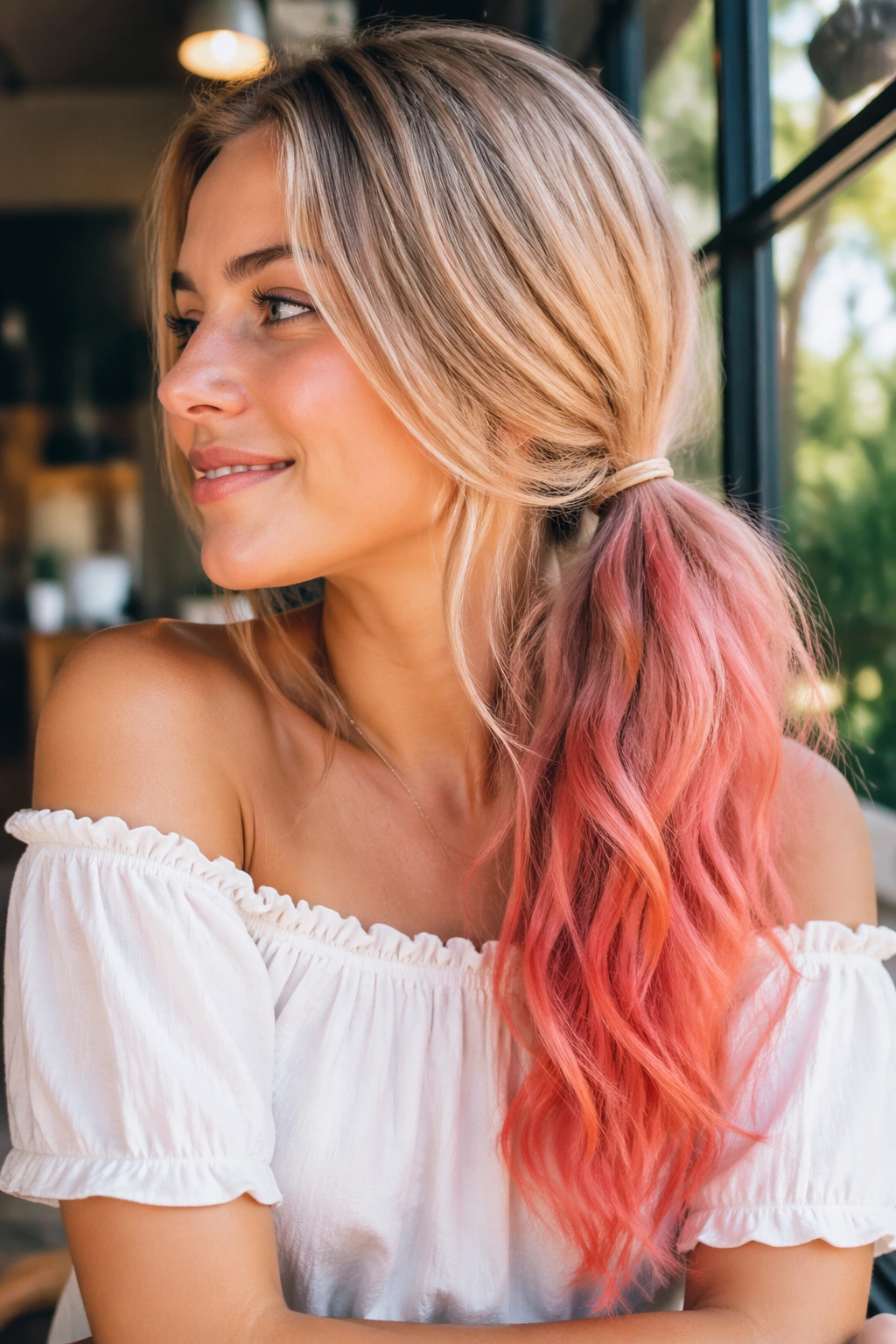 Close-up of a real person with sandy blonde to coral side ponytail