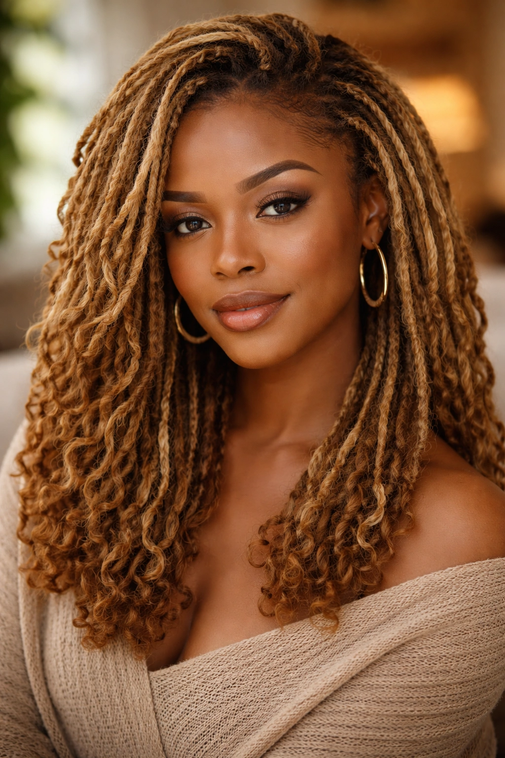 Close-up of a real woman with sandy blonde locs in warm indoor light