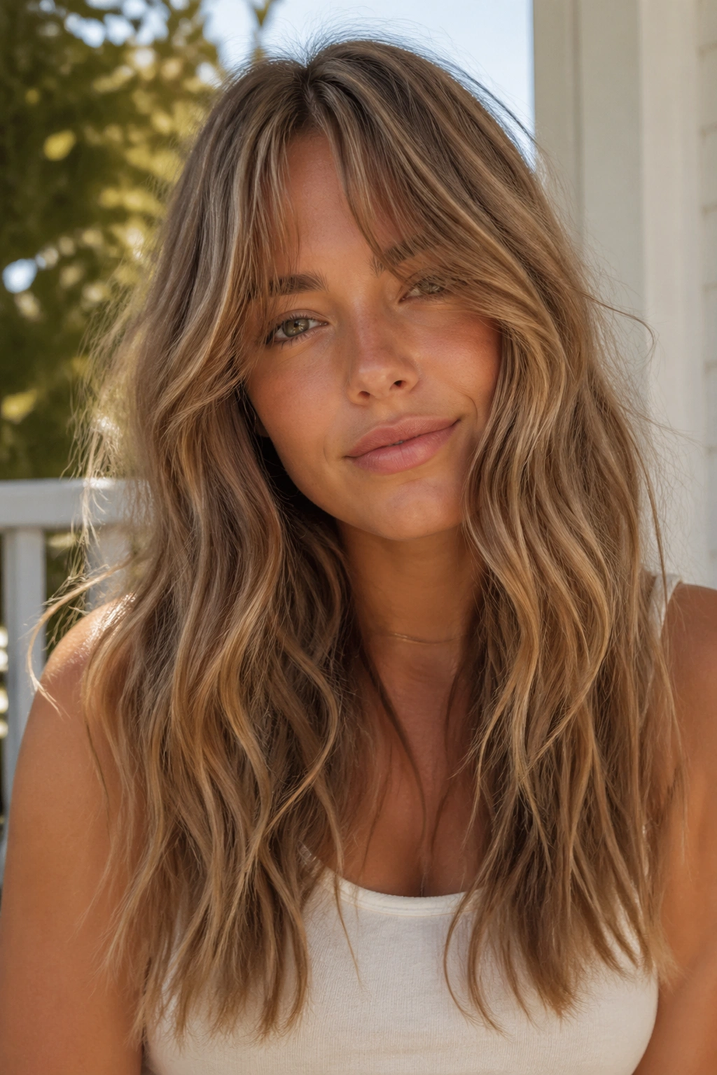 Close-up portrait of a real woman with sandy brown air-dried waves