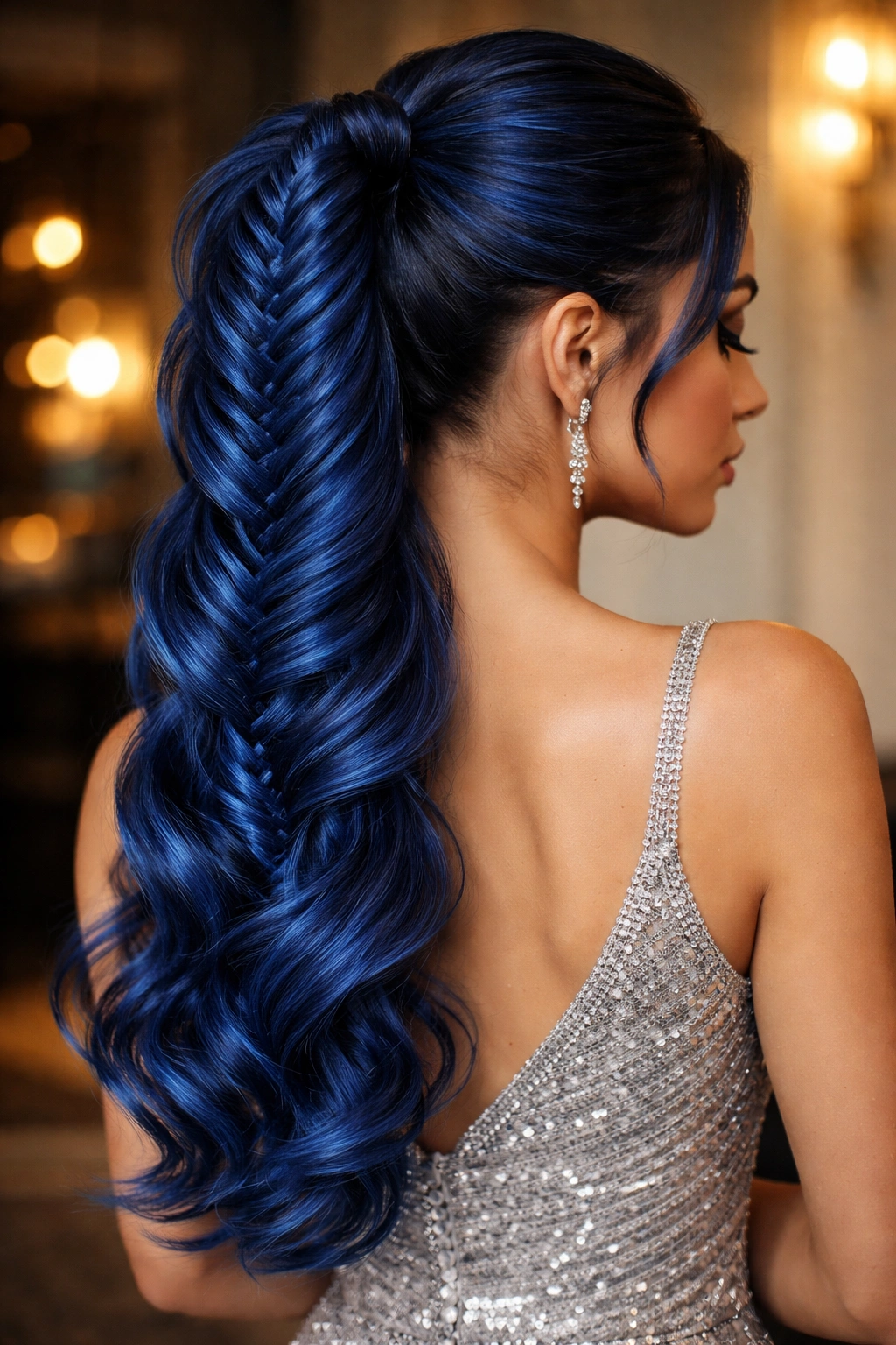 Close-up of a real person with a sapphire fishtail braided ponytail, polished and elegant.