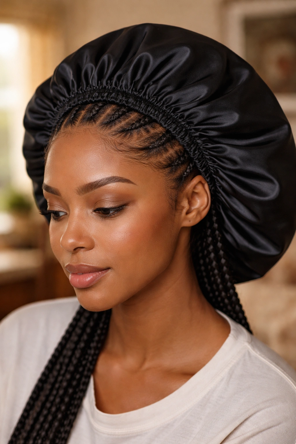 Real person wearing satin-lined bonnet over cornrows, bonnet and braids filling frame.