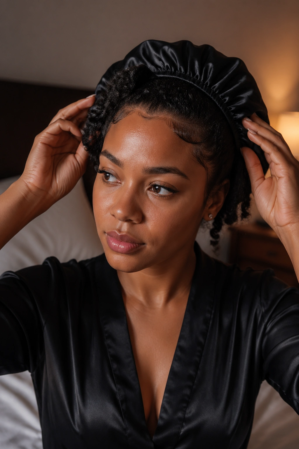 Woman wearing a satin bonnet at night to maintain afro hairstyle.
