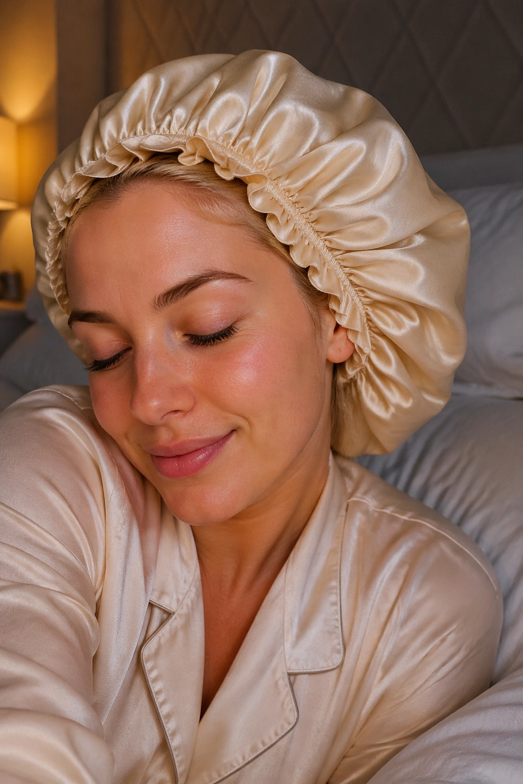 Close-up of a real woman wearing a satin bonnet in bed to protect blonde curls overnight