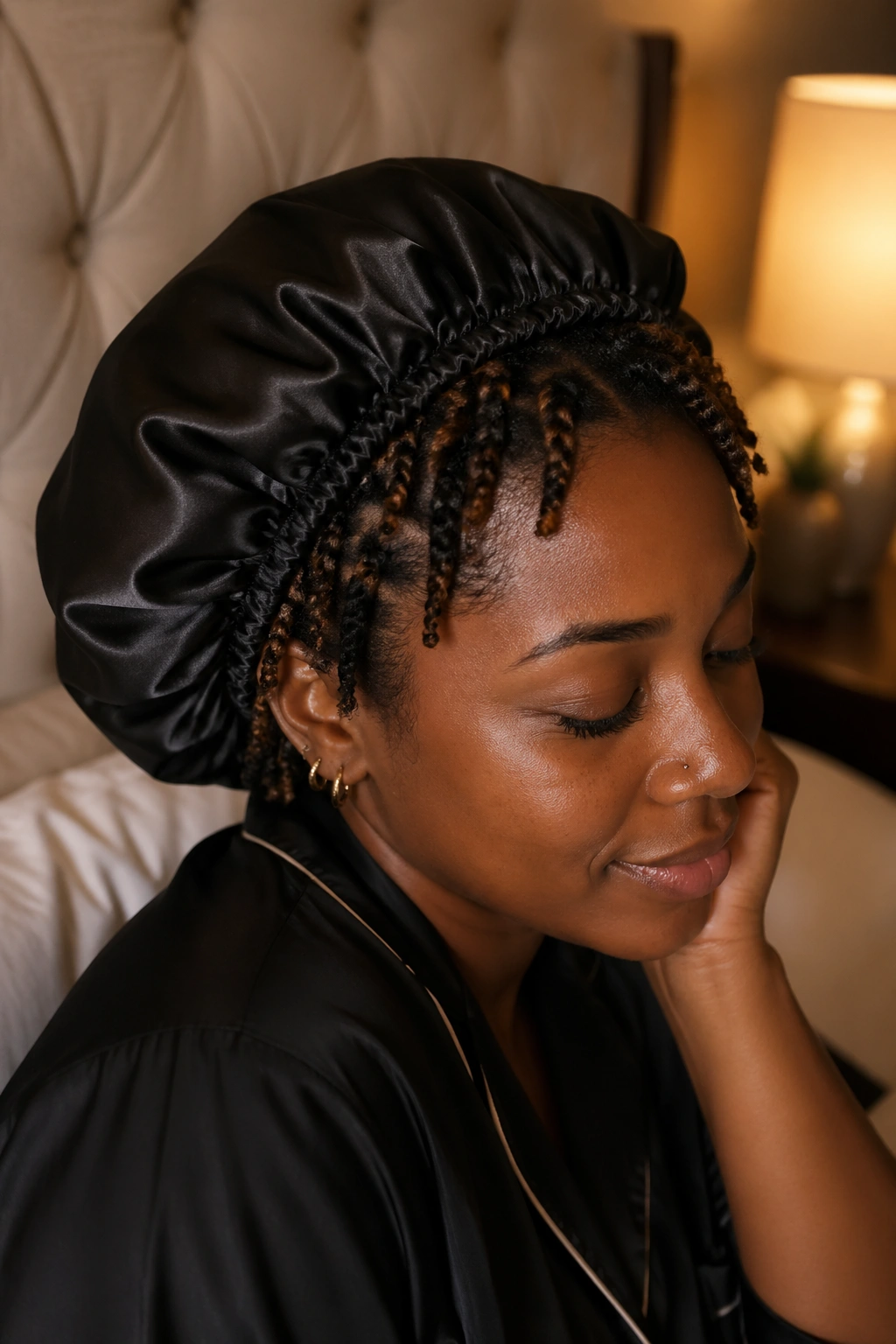 Close-up of short Afro hair with boho braids under a satin bonnet