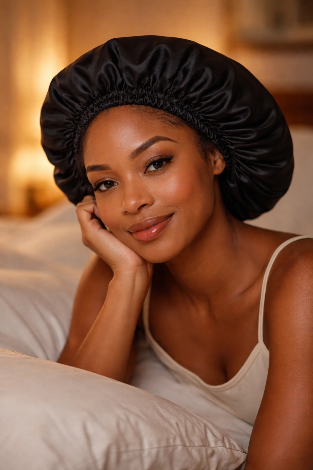 Portrait of a person wearing a satin bonnet protecting twists at night.