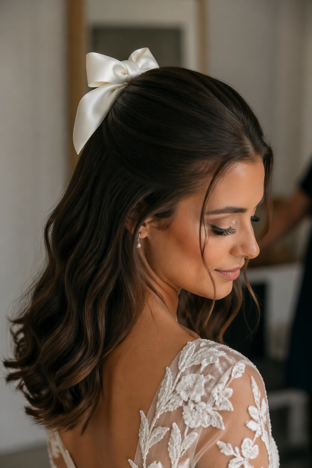 Close-up of a real bride with a Satin Bow Half-Up hairstyle