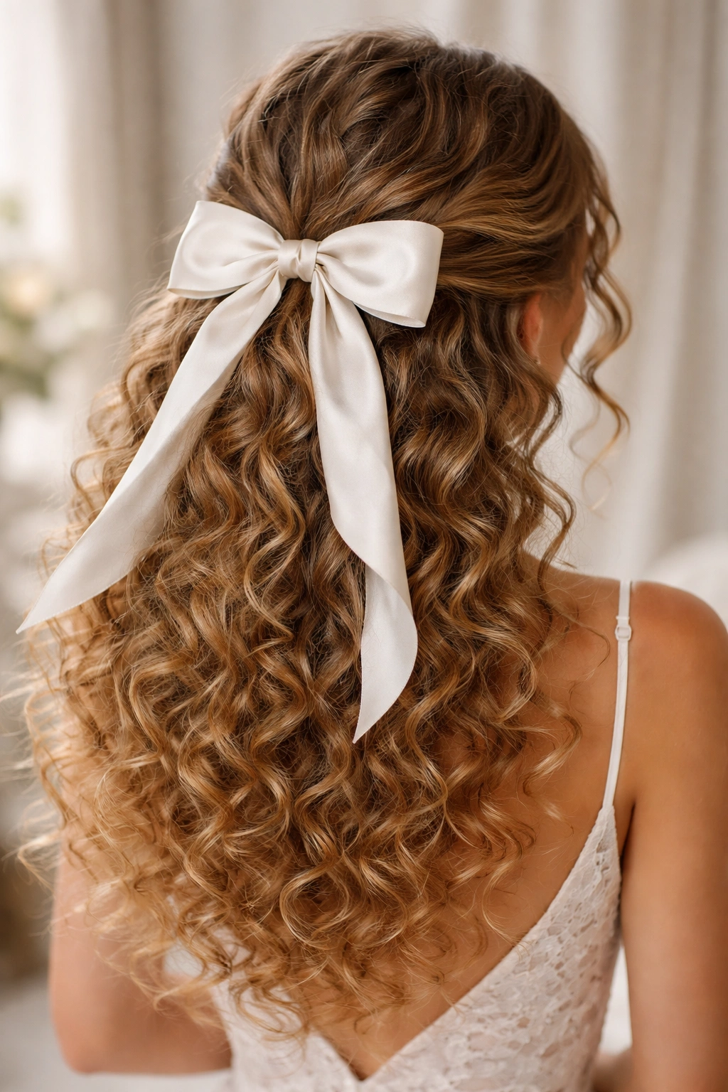 Back view of satin bow half-up with flowing curls.