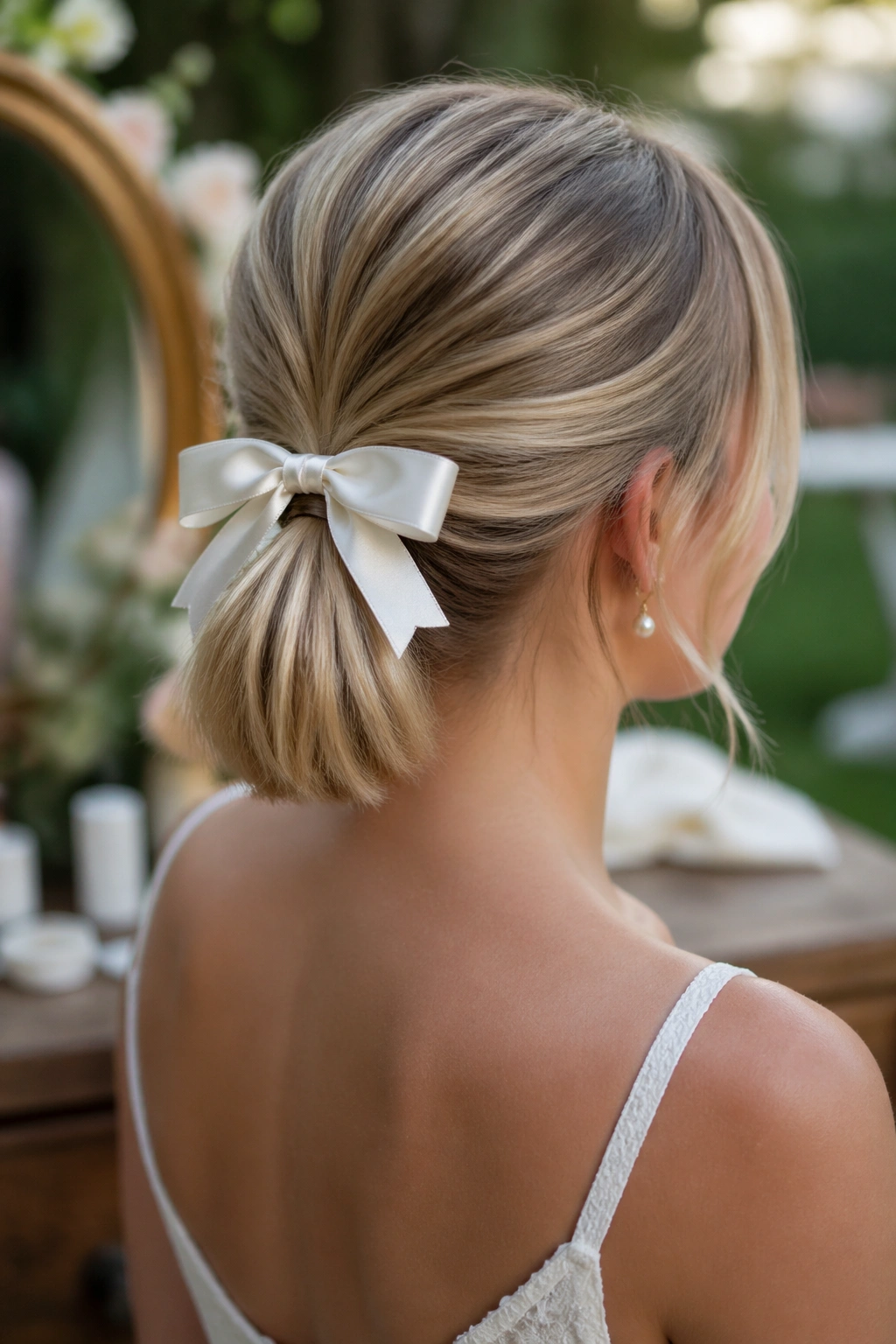 Close-up of a bride's short ponytail with a satin bow in a garden prep setting