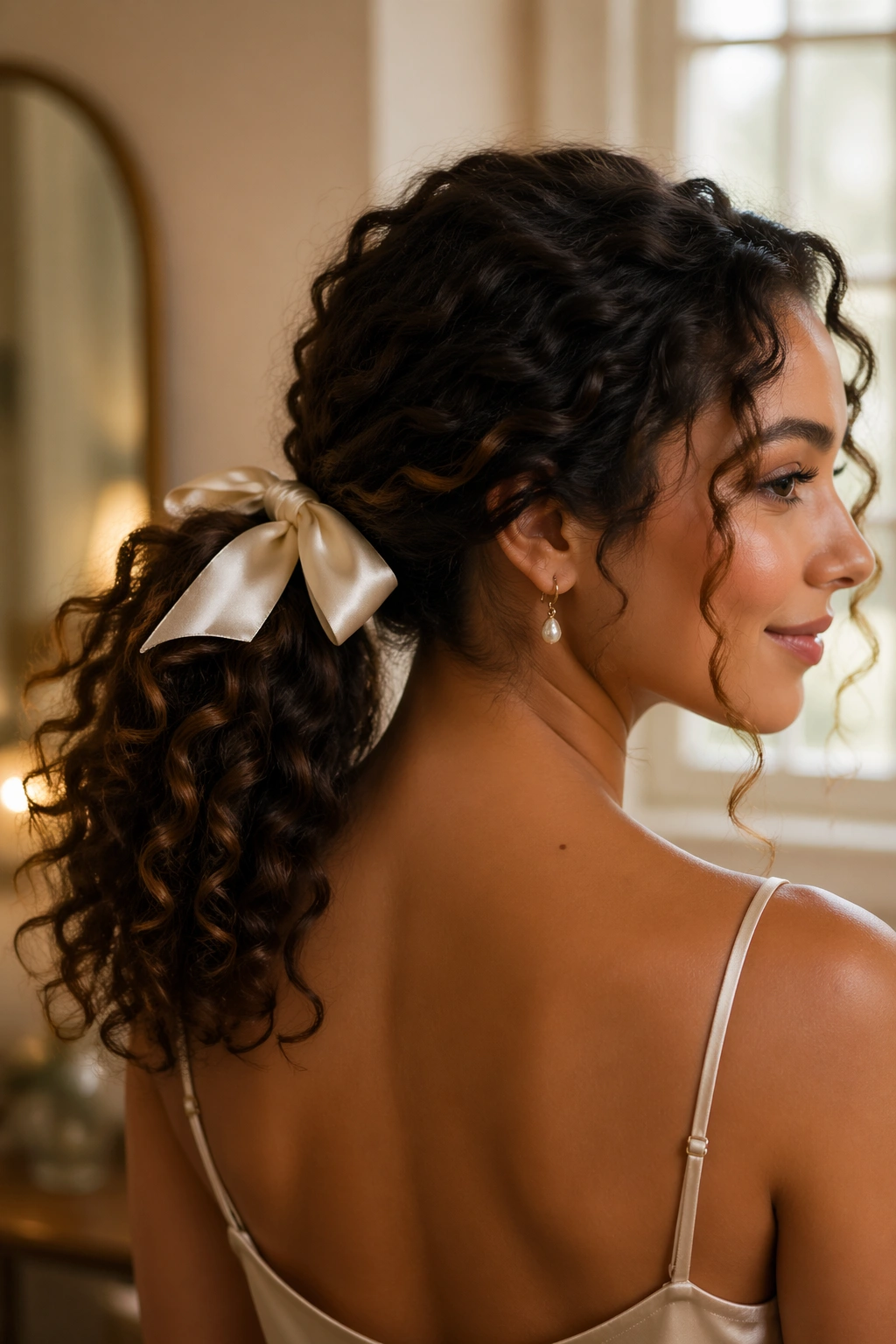 Close-up of real bride with satin-bow ponytail in a bridal suite.