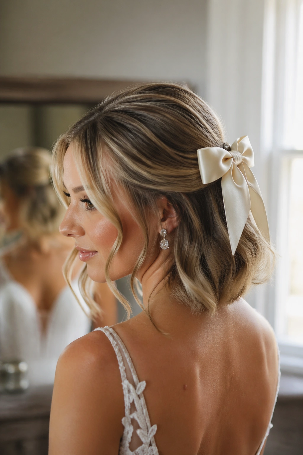 Close-up of a real bride with satin bow and loose tendrils in a short half-up wedding hairstyle