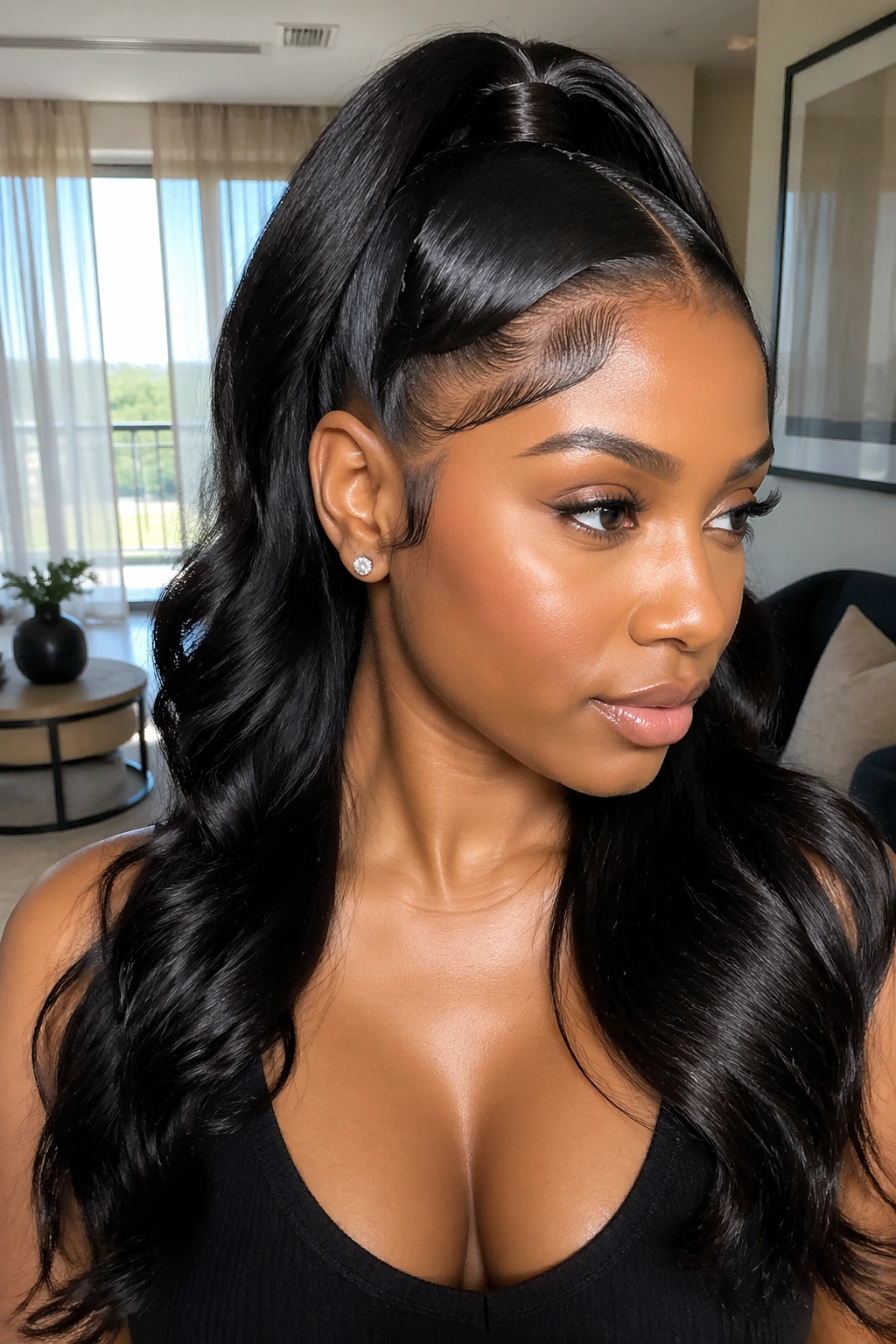 Close-up portrait of a real woman with Satin-Gloss Half Up Frontal Ponytail; glossy lengths.