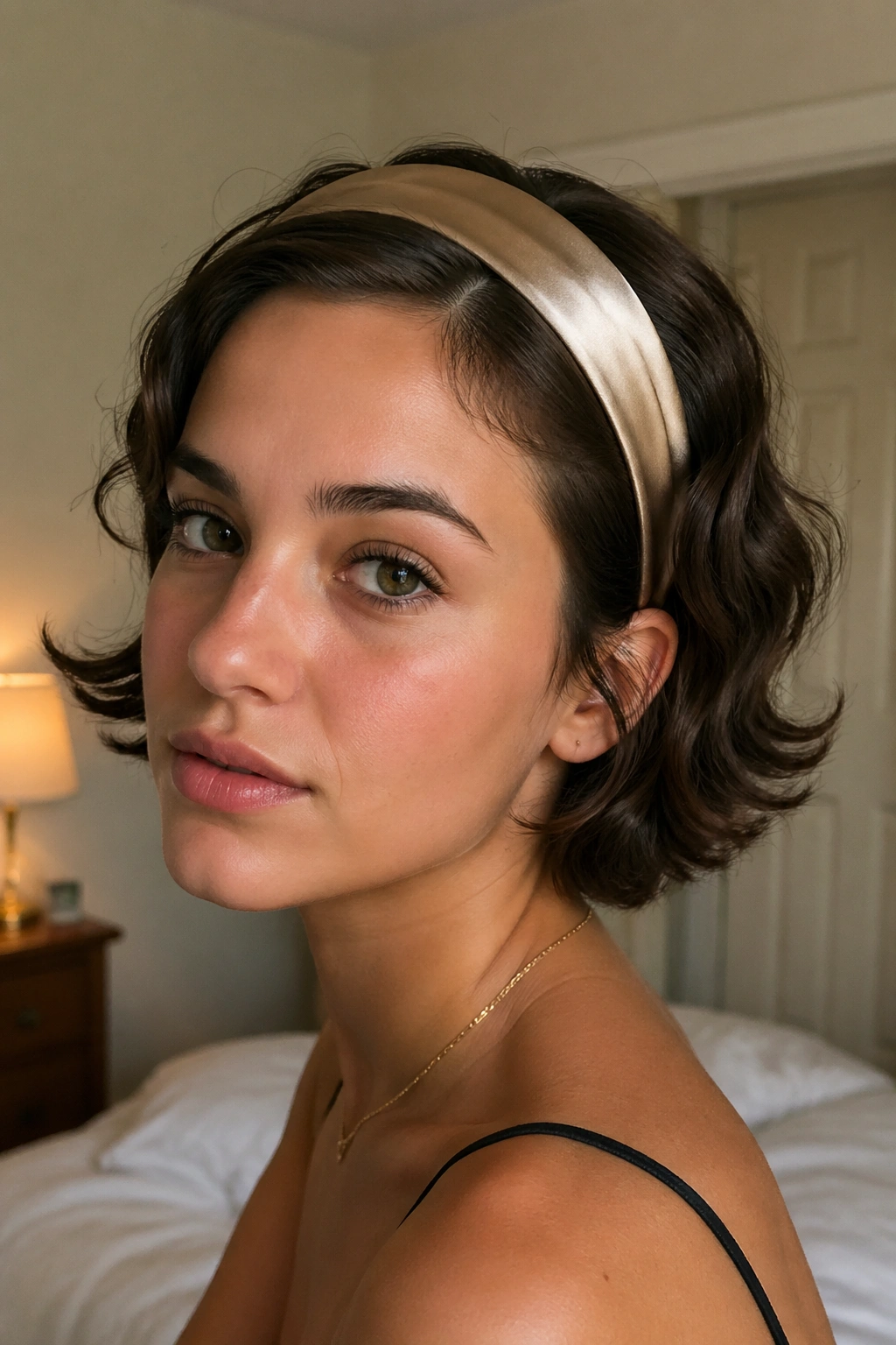 Close-up portrait of a real woman wearing a satin headband with flipped-out short curls, in a cozy bedroom with soft window light.