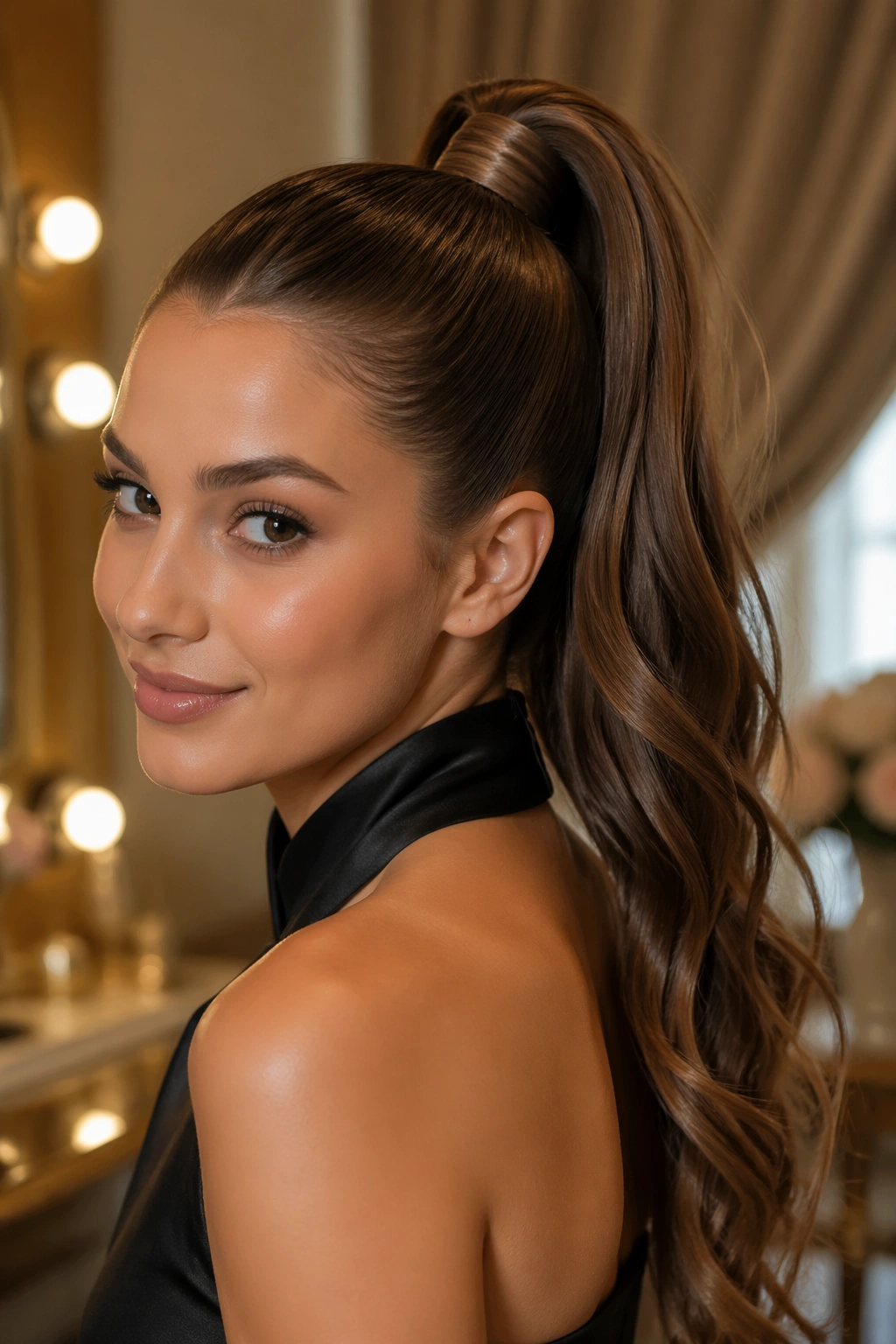 Close-up of a real woman with a satin-ribbon wrapped high ponytail in an elegant dressing room