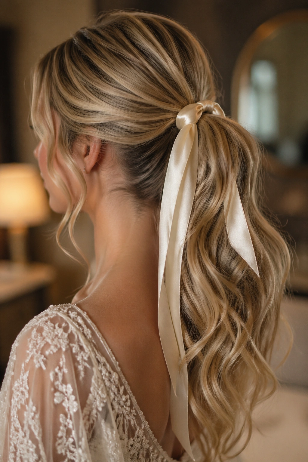 Close-up of a bride's satin ribbon tied at the base of a ponytail.