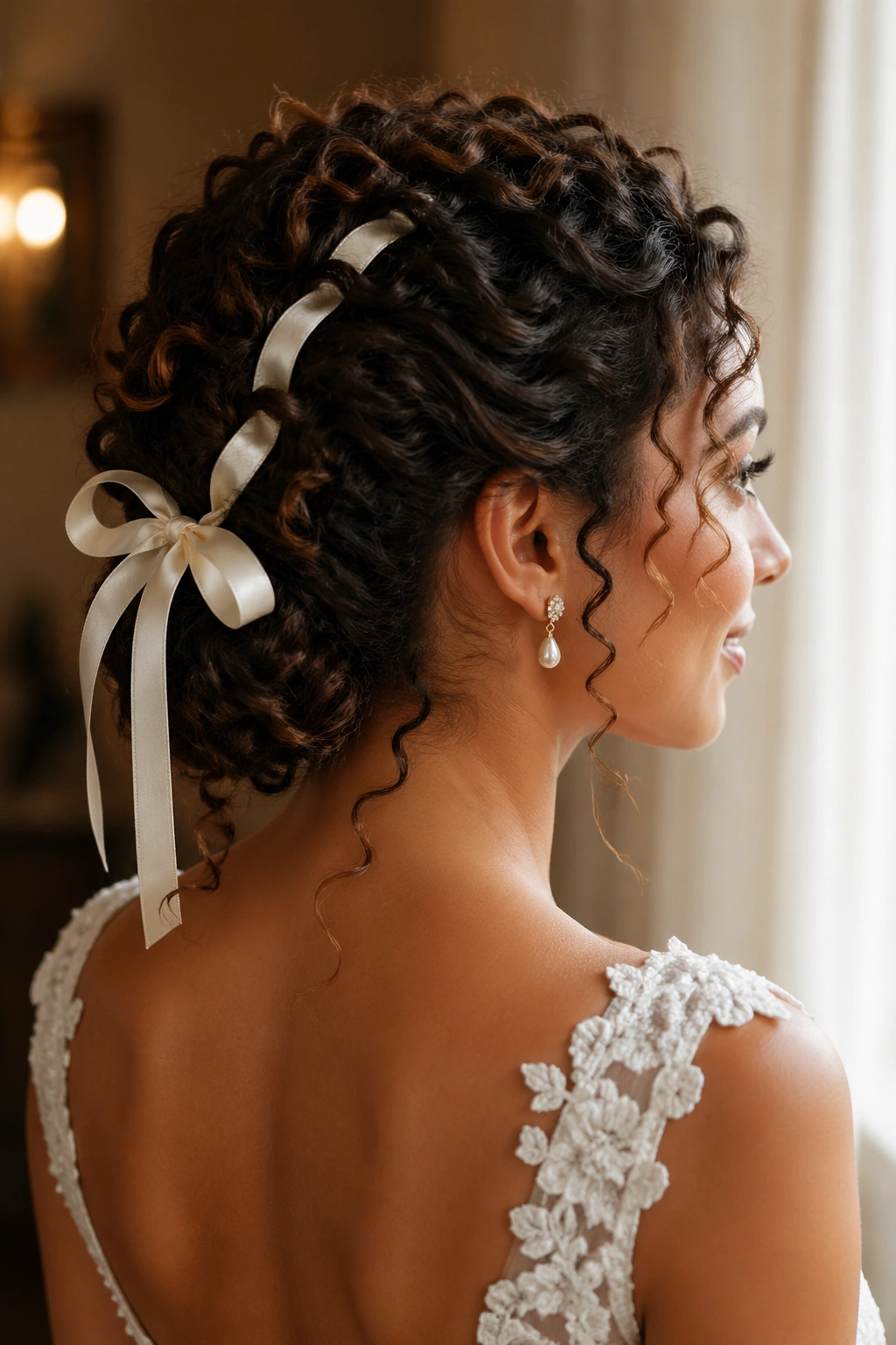 Close-up of a real bride in a satin ribbon updo with a woven ribbon and soft bow