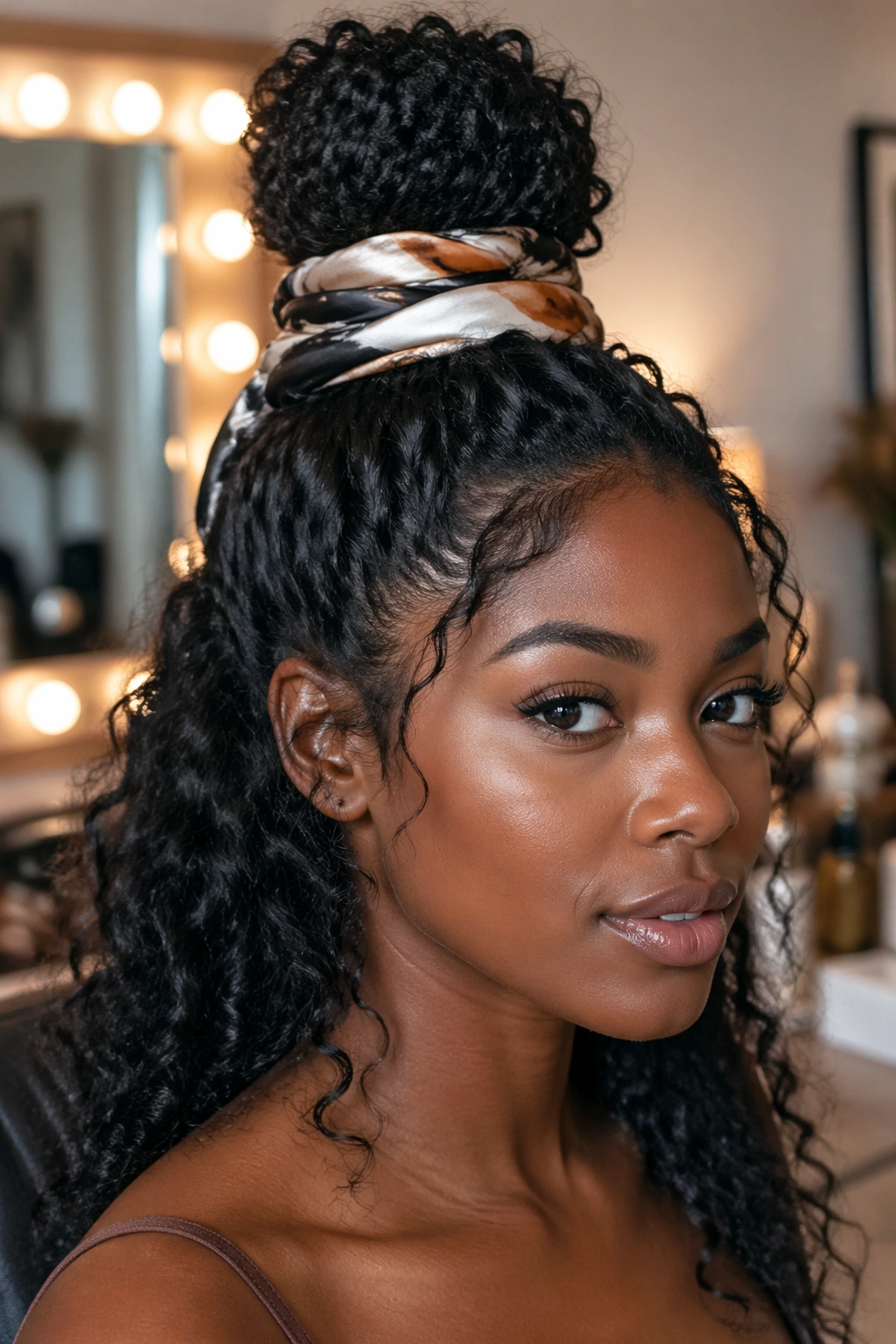 Real woman with satin scarf wrapped half bun adding polish and protection