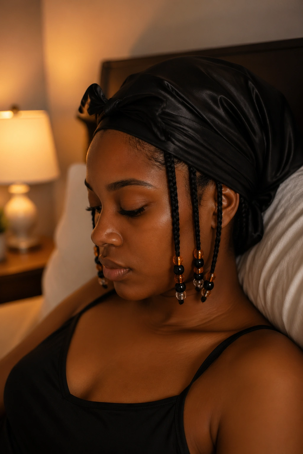 Real person with satin scarf at night over braided hair