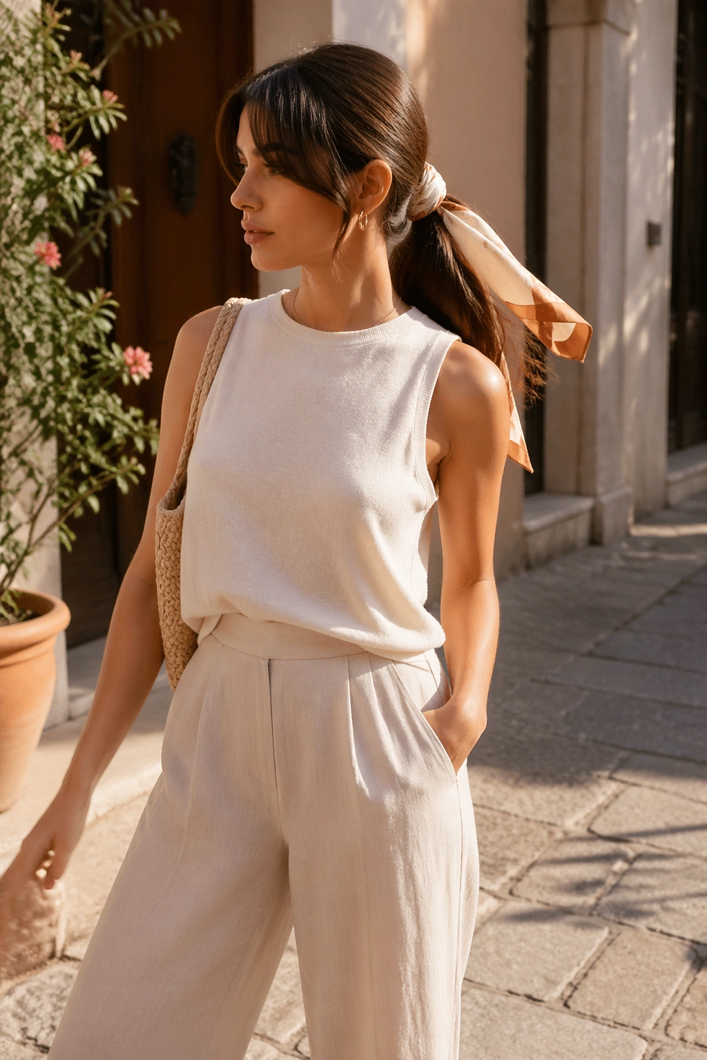 Hero outdoor shot of satin scarf ponytail with curtain bangs.