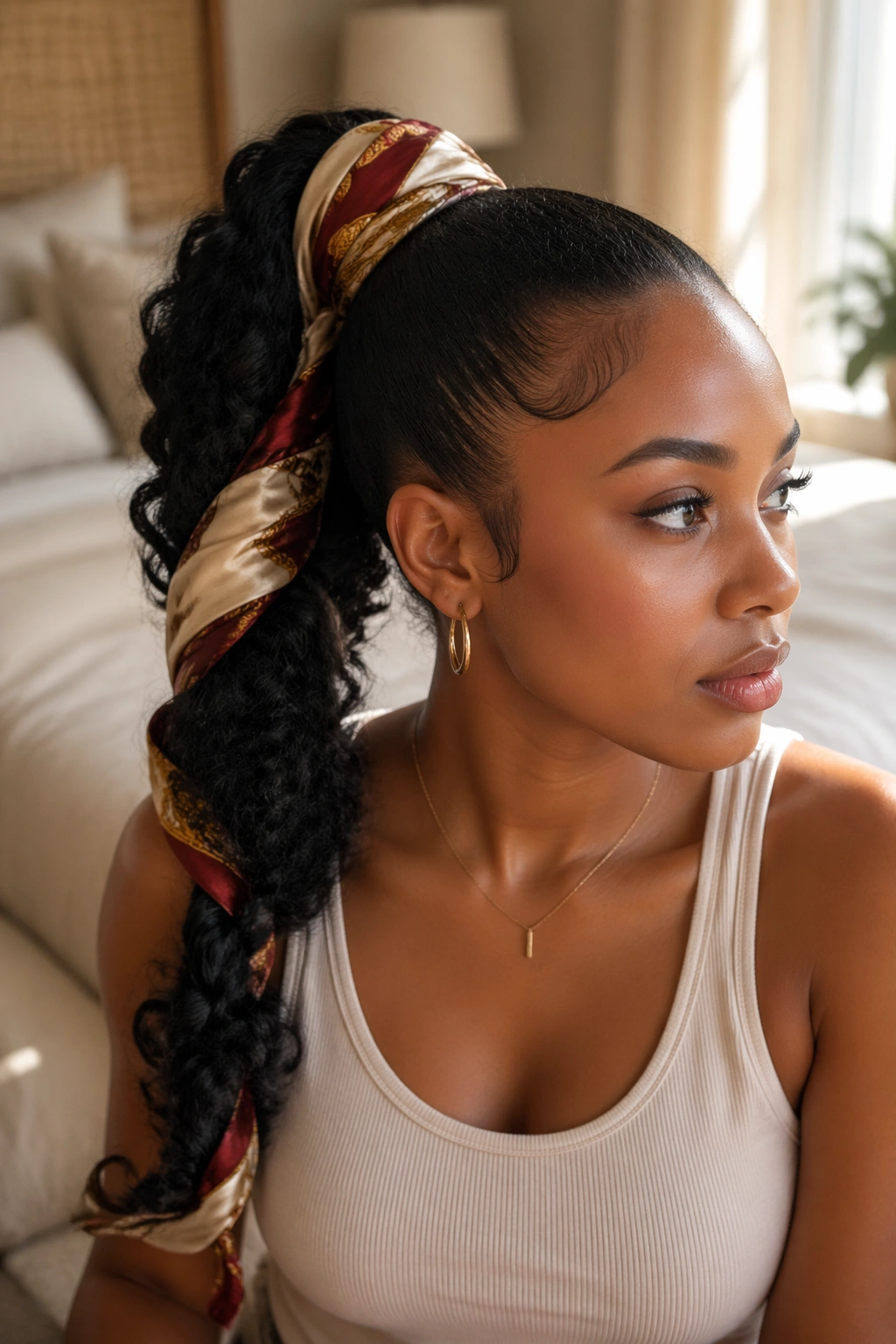 Close-up of a real woman wearing a satin scarf wrapped ponytail