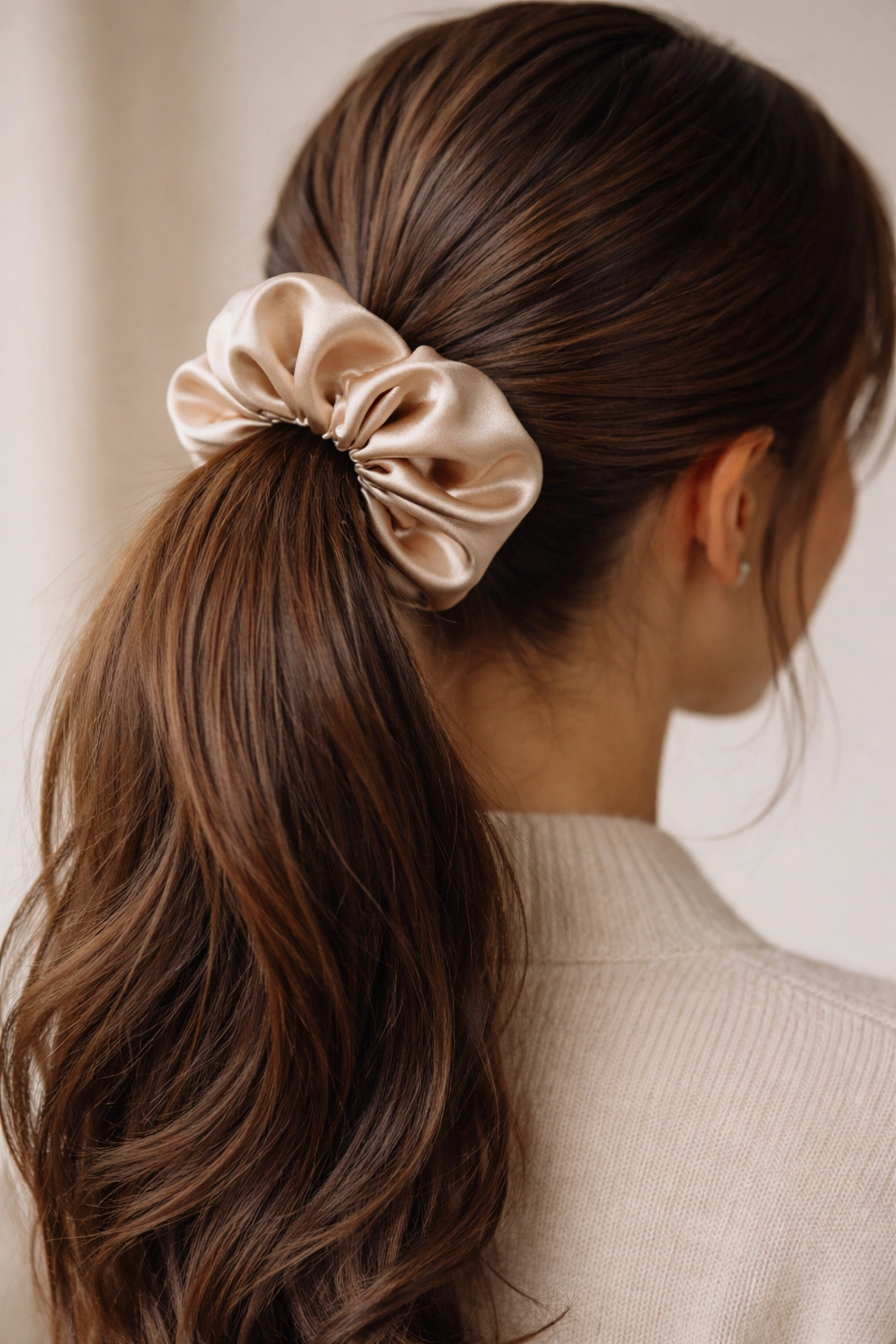 Close-up of a satin-scrunchie ponytail secured at the nape