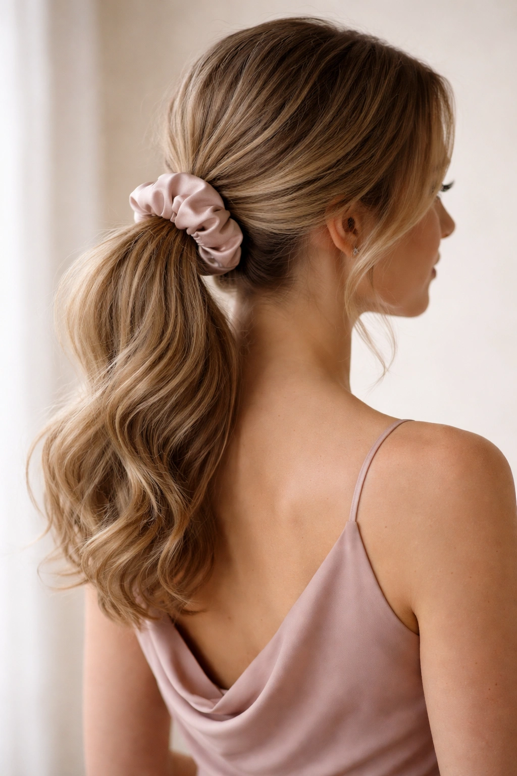 Satin-scrunchie ponytail with visible satin accessory and gentle tail wave