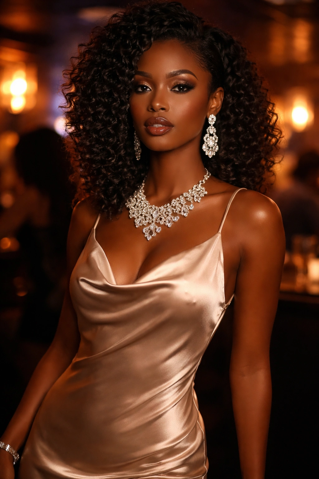 Real person in satin slip dress with bold jewelry in a dim club setting