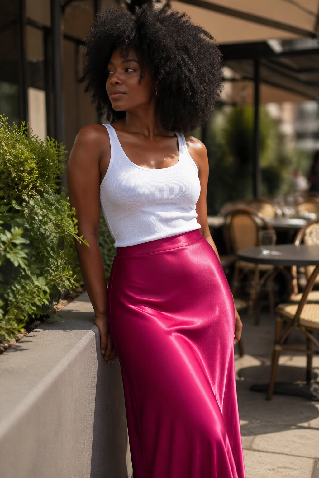 Medium close-up of a woman in a satin slip skirt and tank outdoors