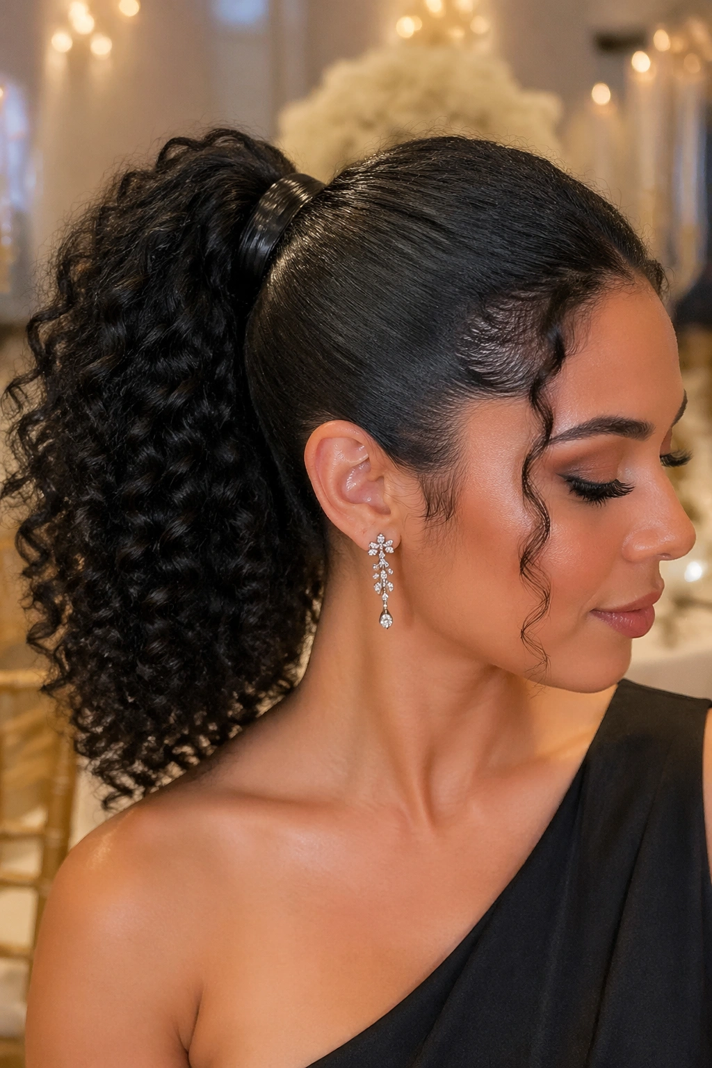 Close-up of a real woman with a satin-wrapped formal ponytail in an elegant indoor venue