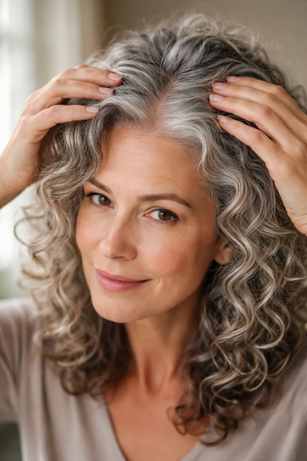 Close-up of a 50+ woman's scalp visible under grey curls