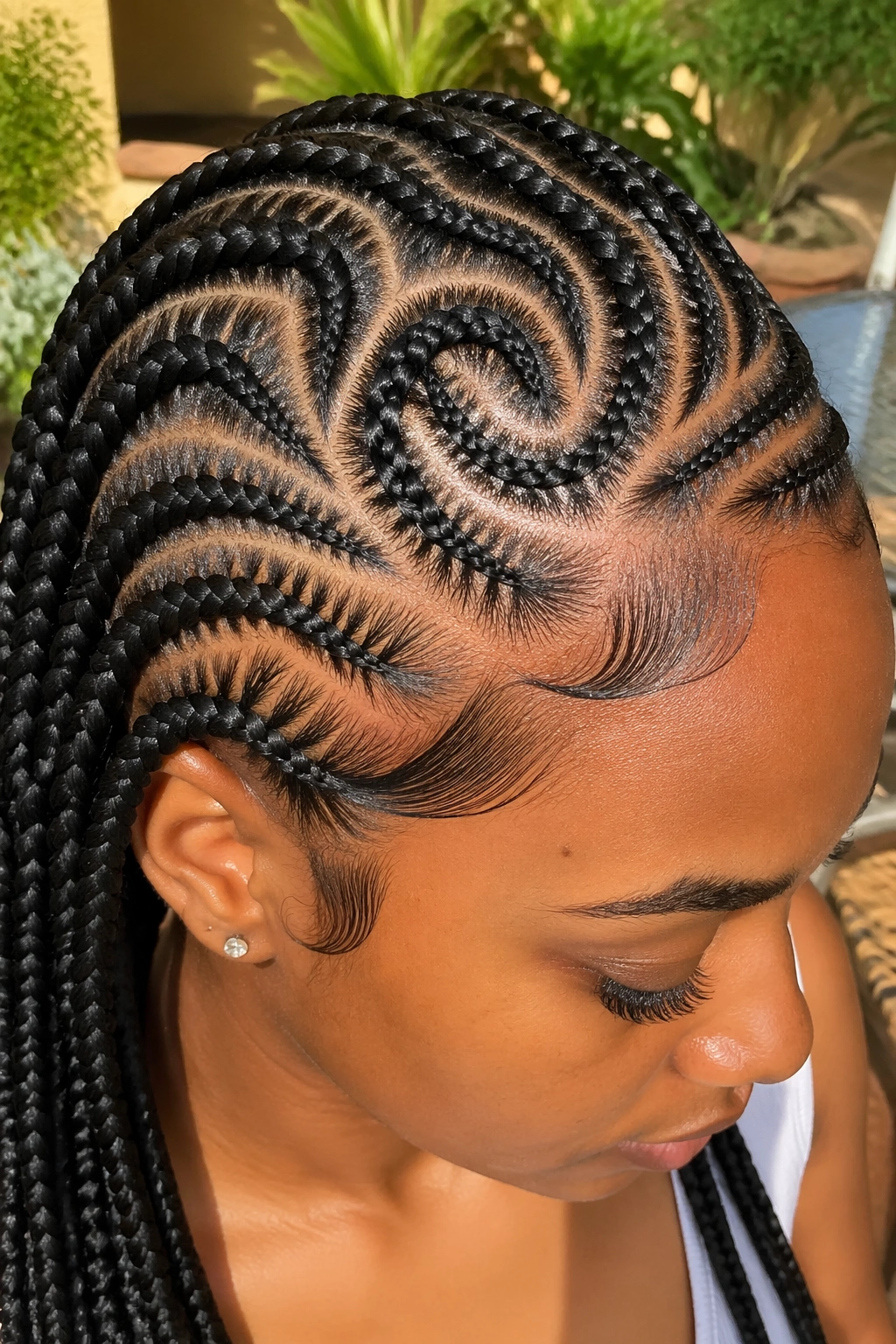 Close-up head shot of scalp art cornrows with intricate patterns outdoors