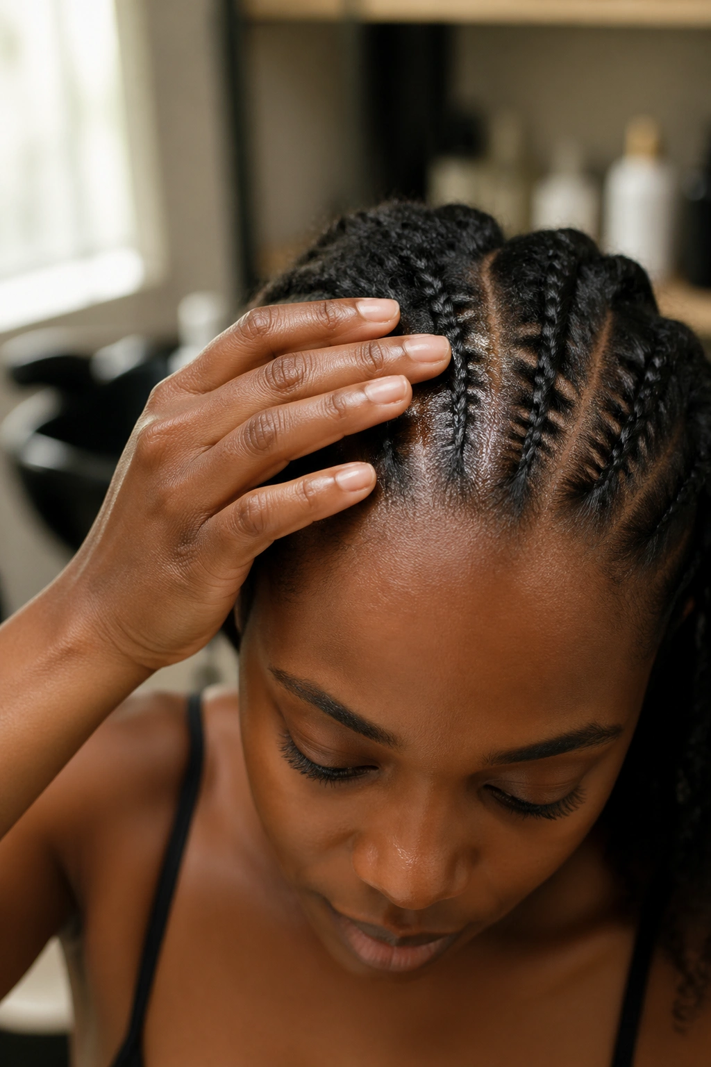 Close-up of a real woman's scalp being oiled before braiding