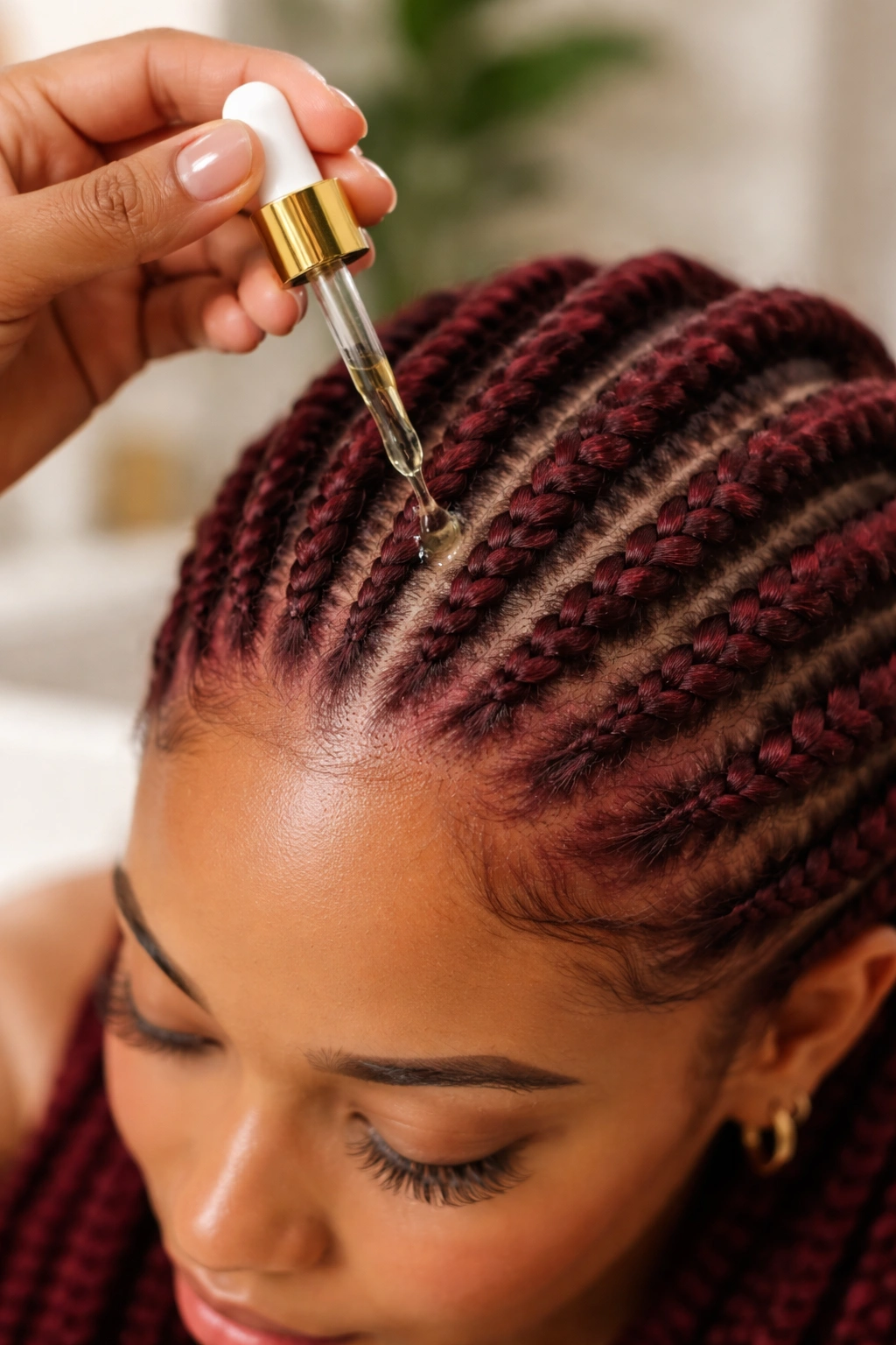 Close-up of scalp care with burgundy hair and oil application
