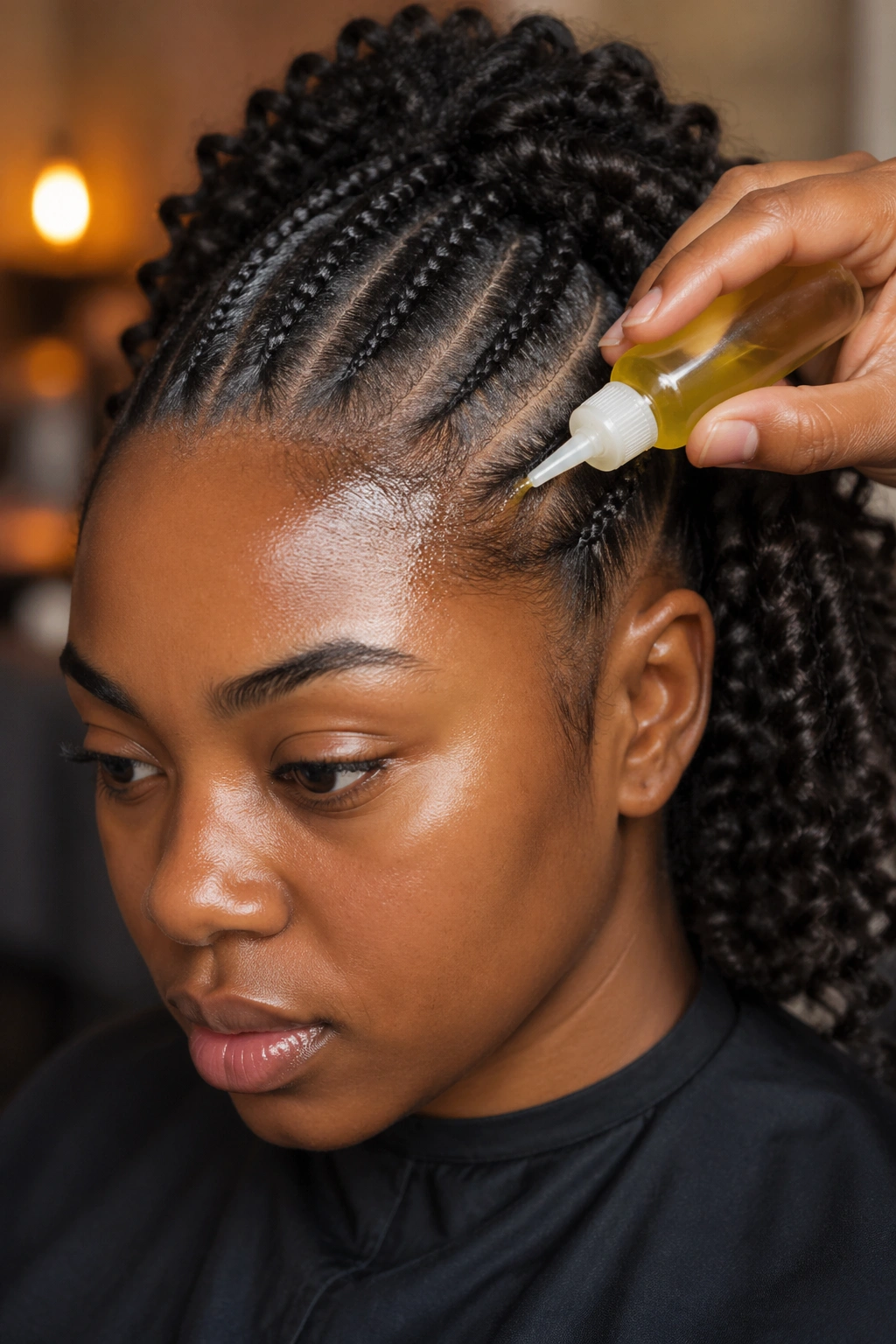 Close-up of scalp care during cornrow mohawk installation with oil application at temples.