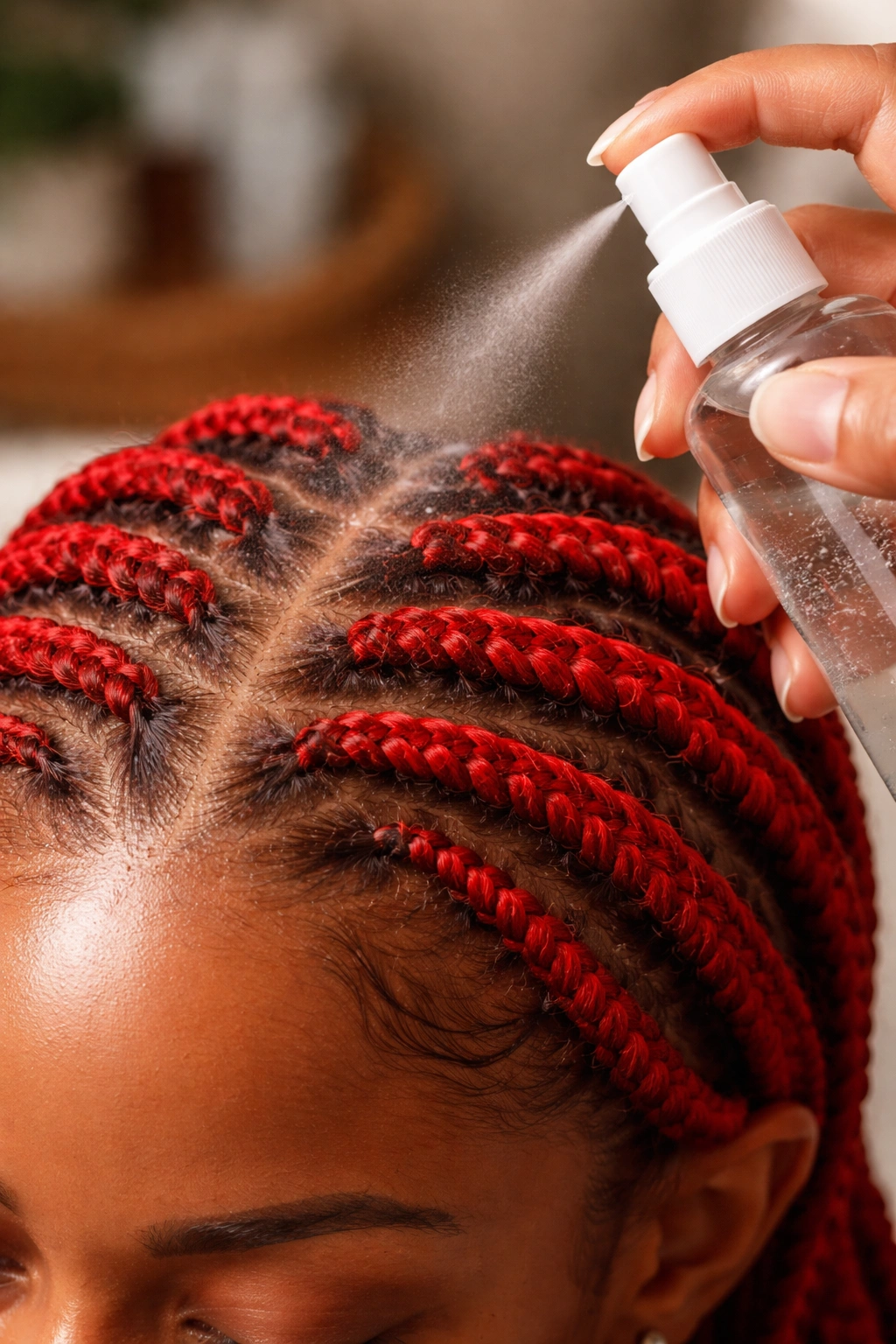 Close-up of scalp care spray between colored cornrows on a real person
