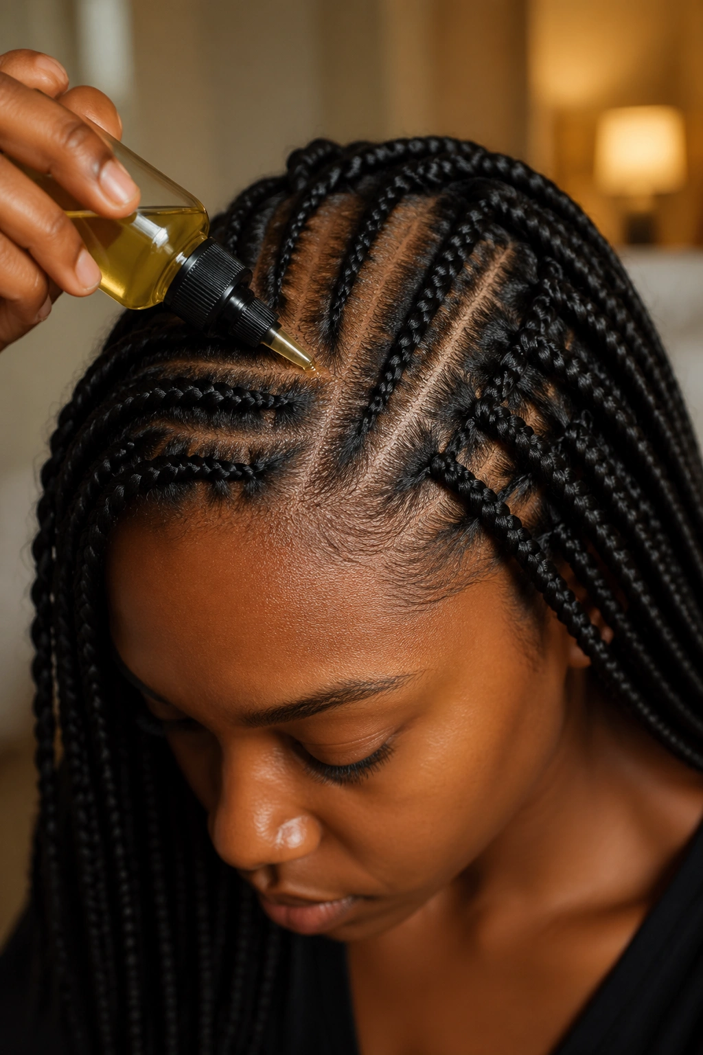 Close-up of scalp between cornrows and box braids with oil application