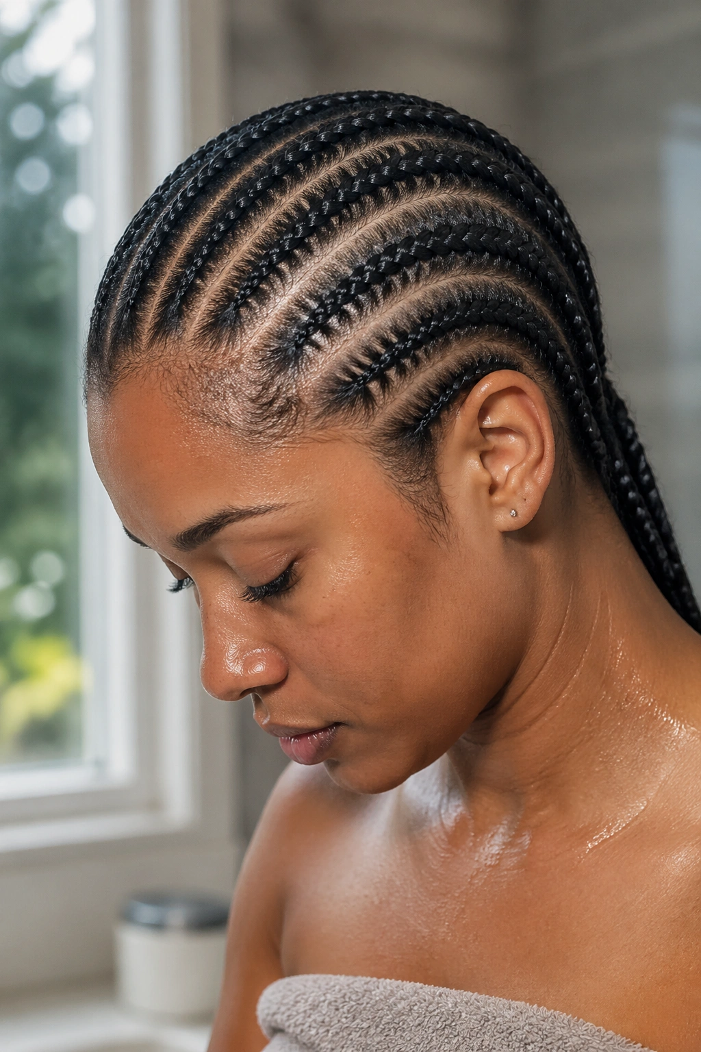 Close-up of a real woman's scalp along cornrows showing clean partings