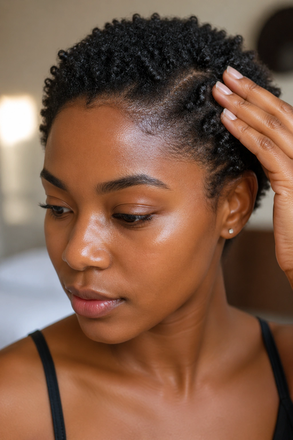 Close-up of moisturized scalp visible through short curls before an event