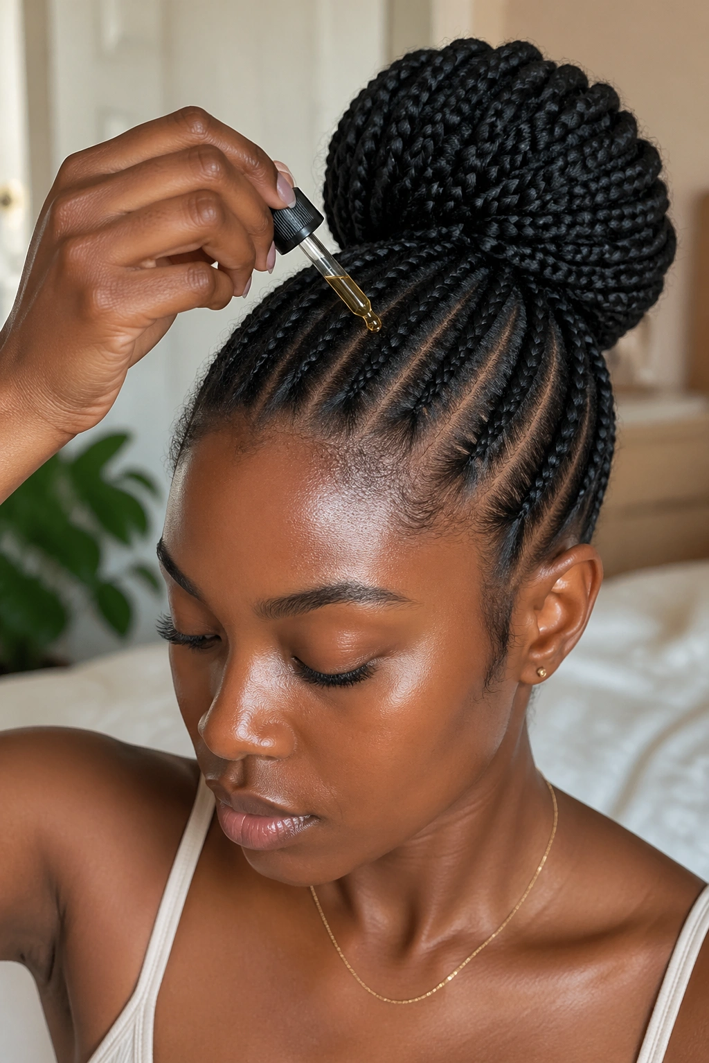 Close-up of a woman's scalp under a goddess bun with oil being applied along cornrow parts.